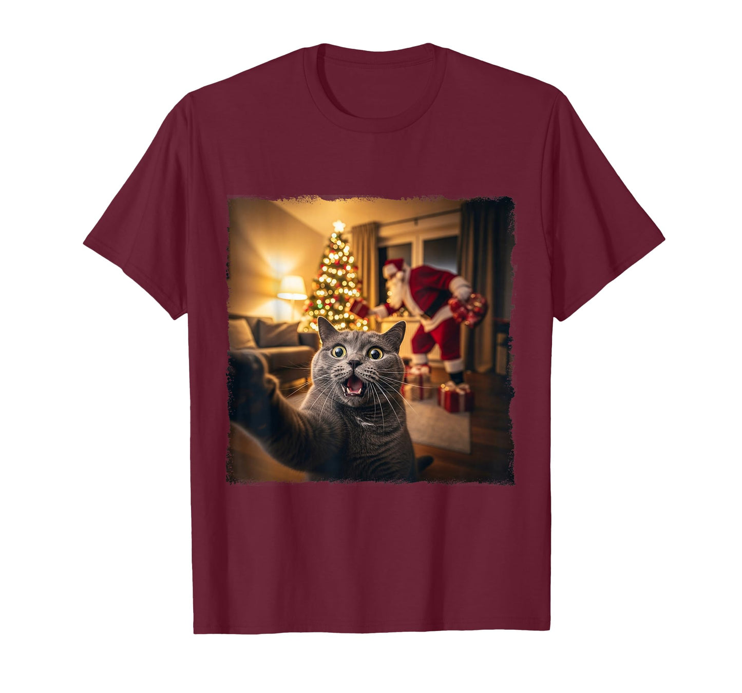 Funny Cute Cat Selfie with Santa Claus Gifts Christmas Night T-Shirt