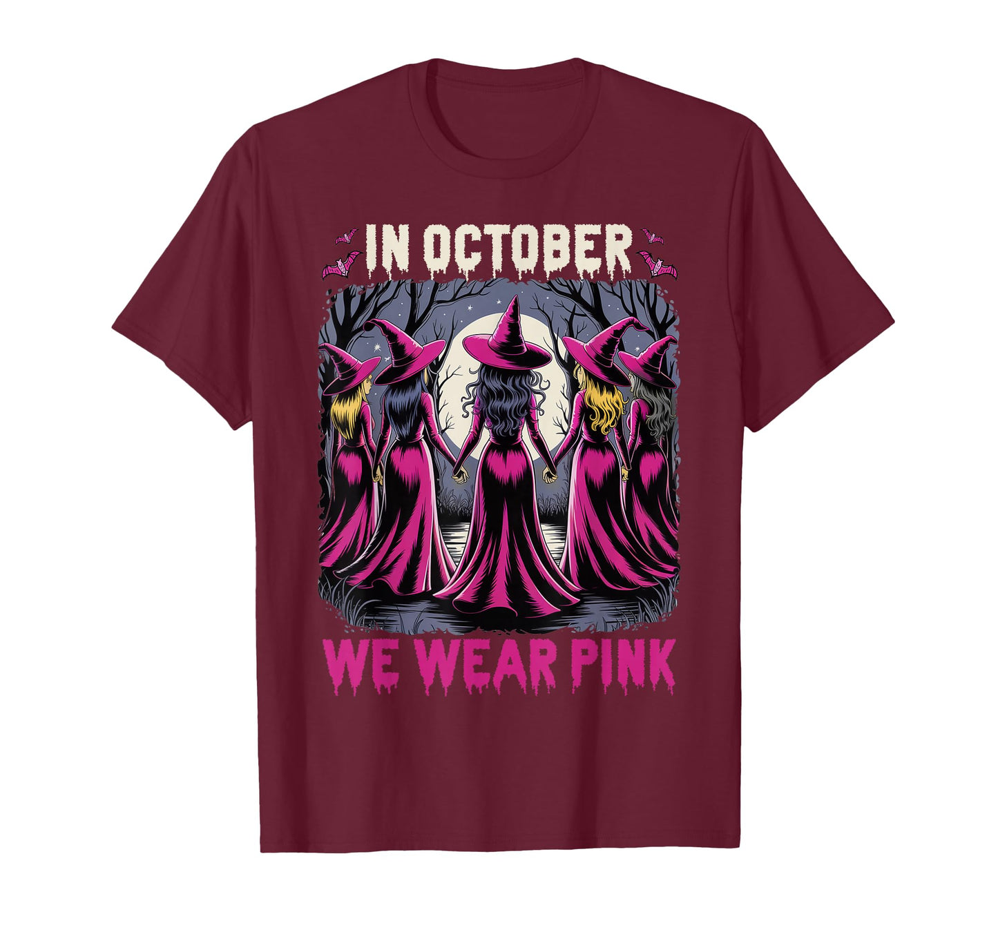 in October We Wear Pink Witch Halloween Breast Cancer Women T-Shirt