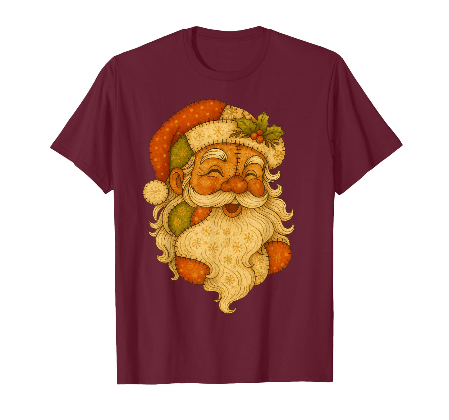 Patchwork Santa Claus Face Vintage Christmas Folk Art T-Shirt