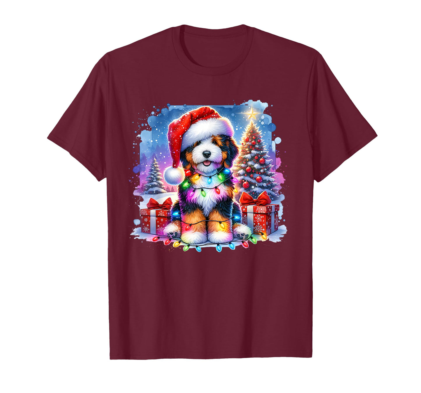 Festive Bernedoodle Dog Santa Hat Christmas Tree Lights T-Shirt