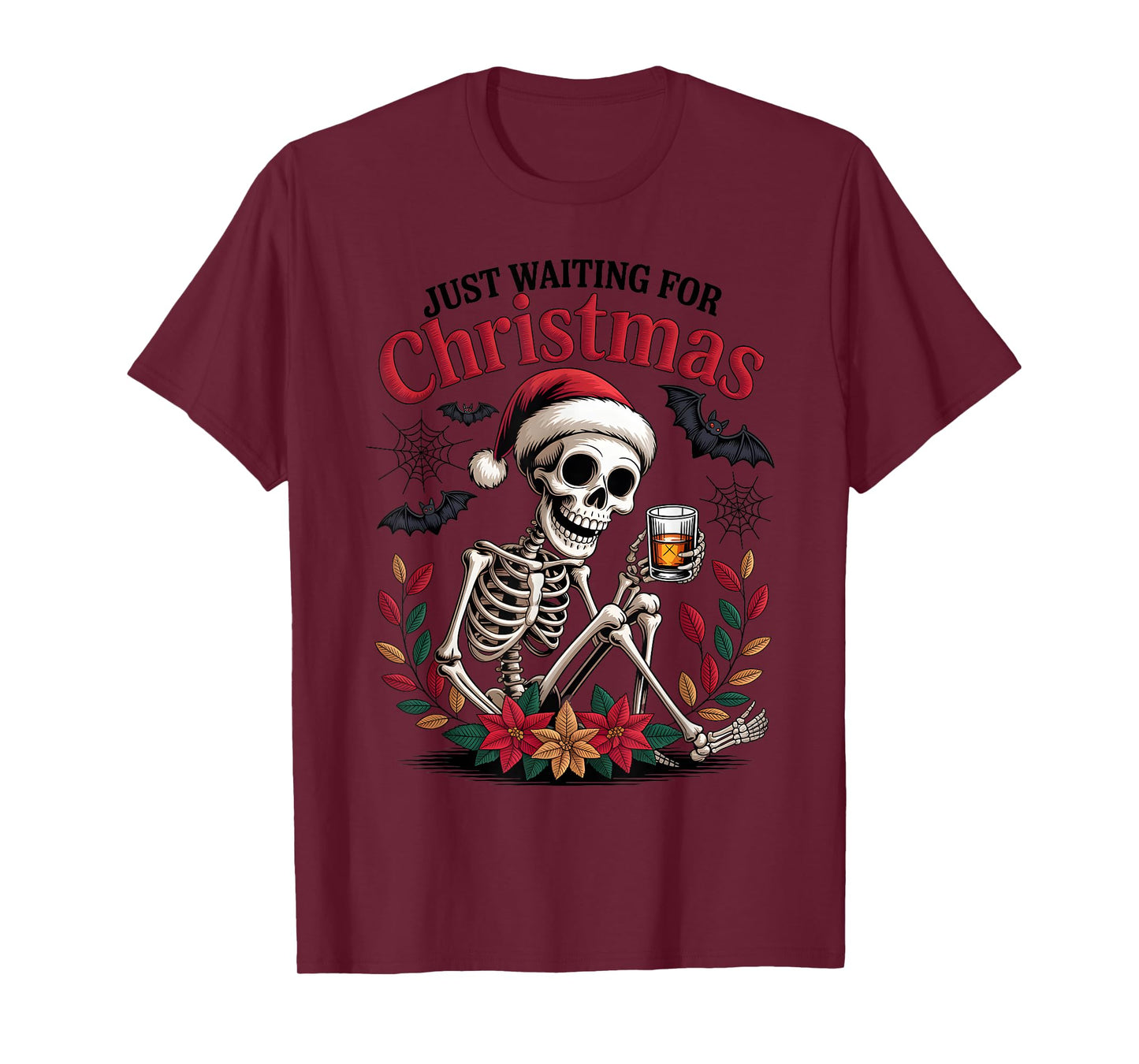 Just Waiting for Christmas Skeleton Santa T-Shirt