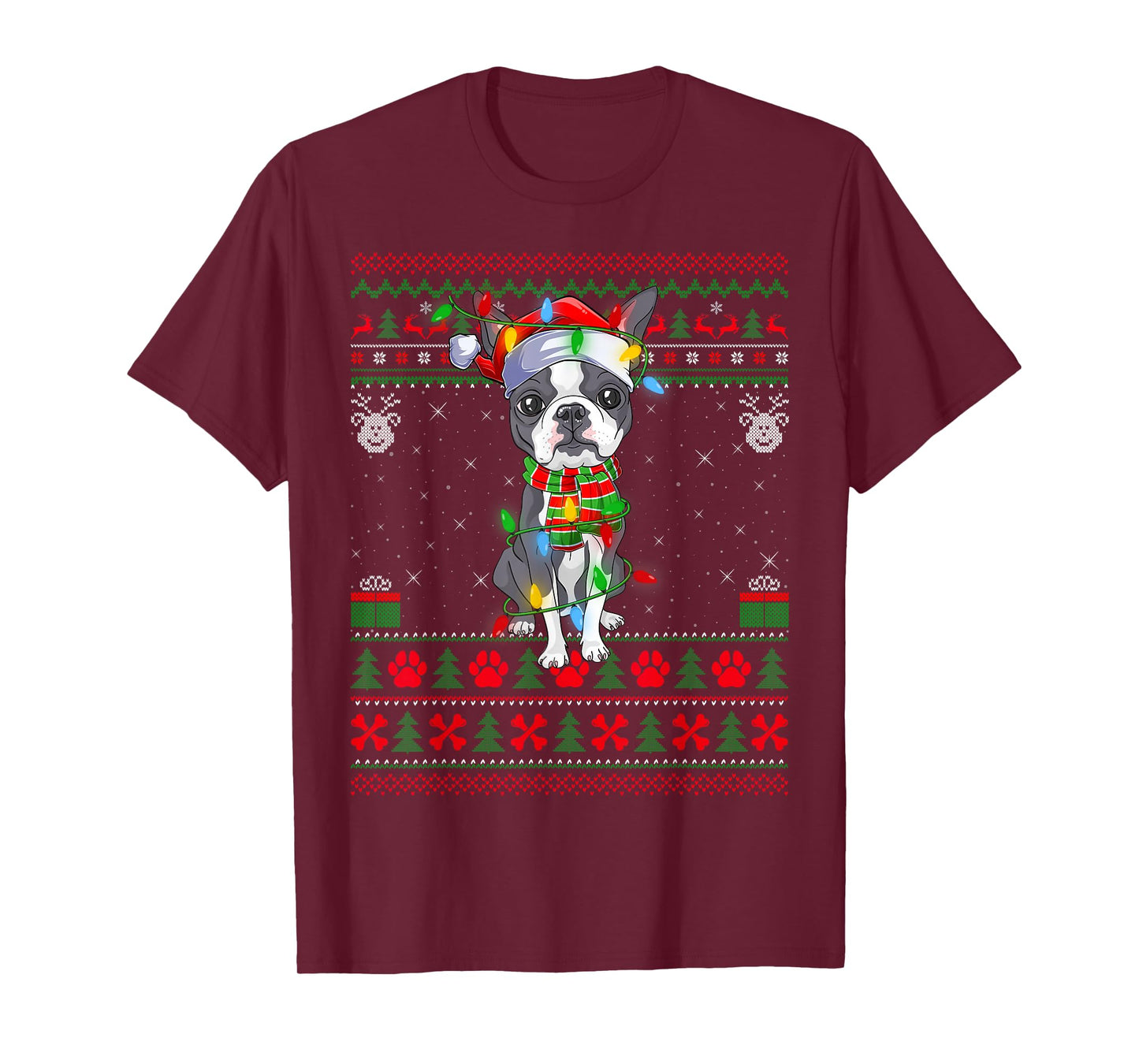 Boston Terrier Dog Ugly Christmas Sweaters Lights Dog Xmas T-Shirt