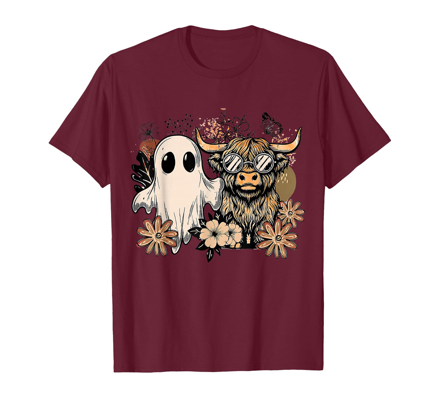 Floral Fall Highland Cow Ghost Boho Pumpkin Halloween T-Shirt