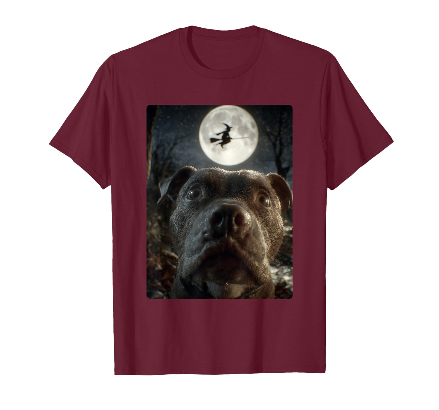 Funny Pit Bull Selfie Full Moon Flying Witch Halloween Dog T-Shirt