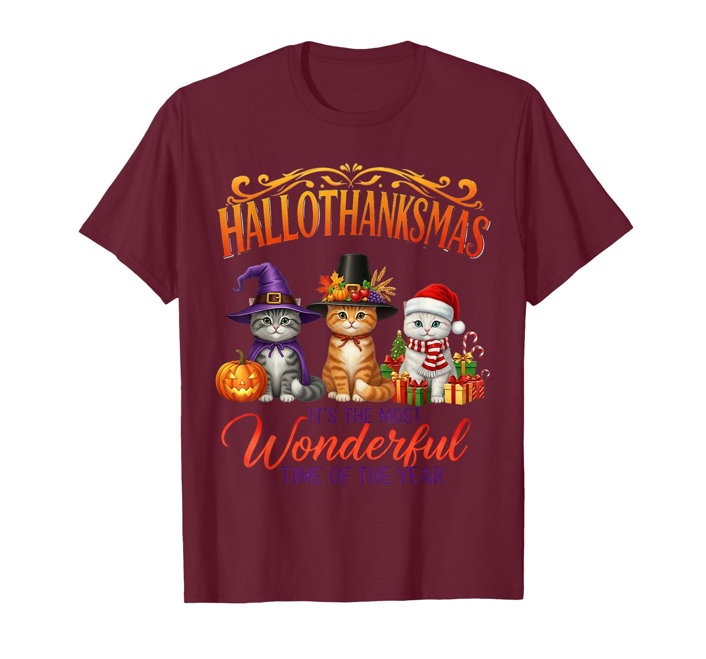 Hallothanksmas Cats Funny Halloween Thanksgiving Xmas Happy T-Shirt