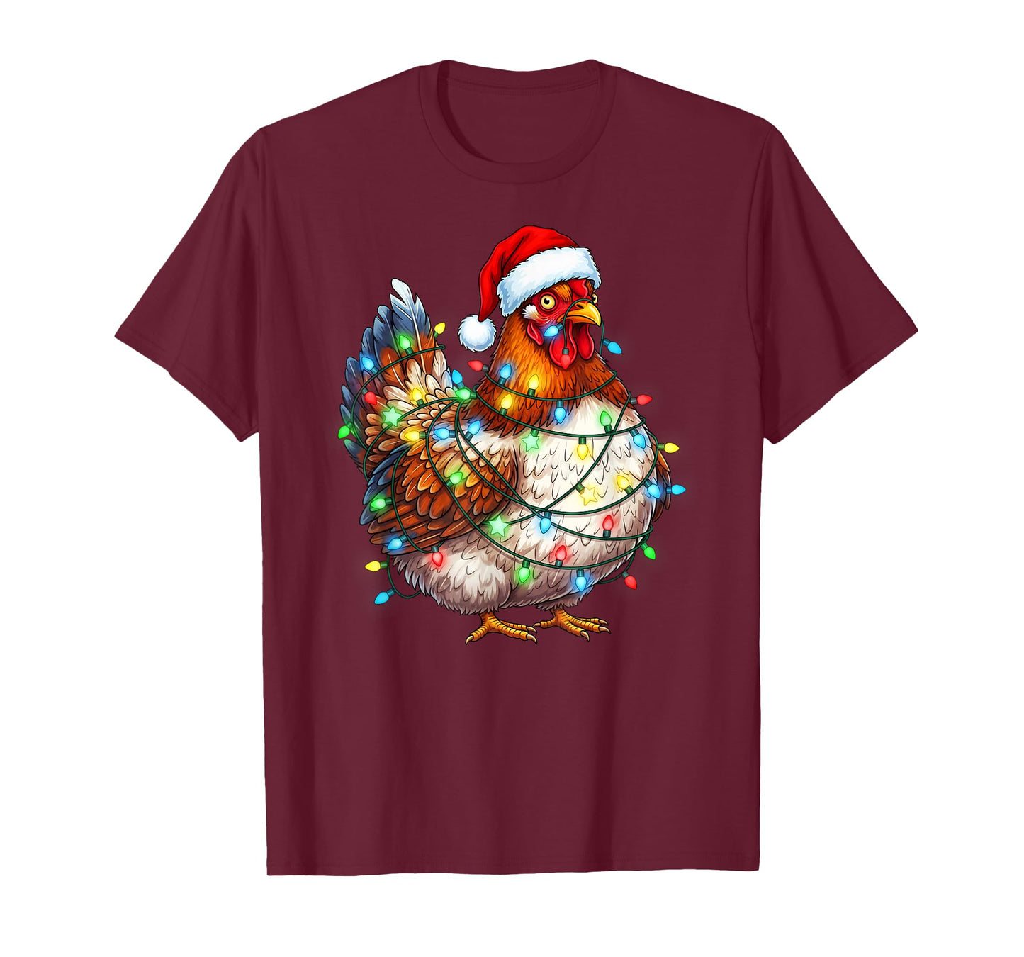 Funny Chicken Christmas Lights Santa Hat Farmer T-Shirt