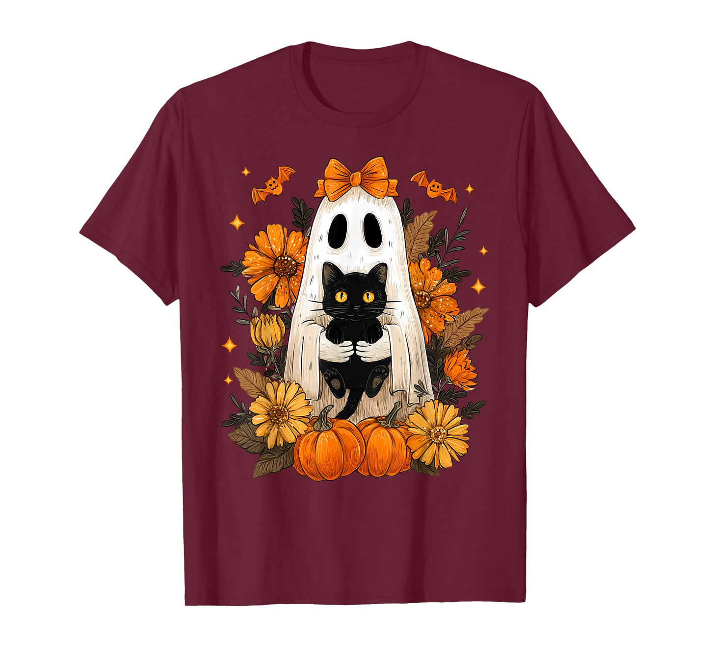 Halloween Groovy Floral Cute Bow Ghost Black Cat Pumpkin T-Shirt