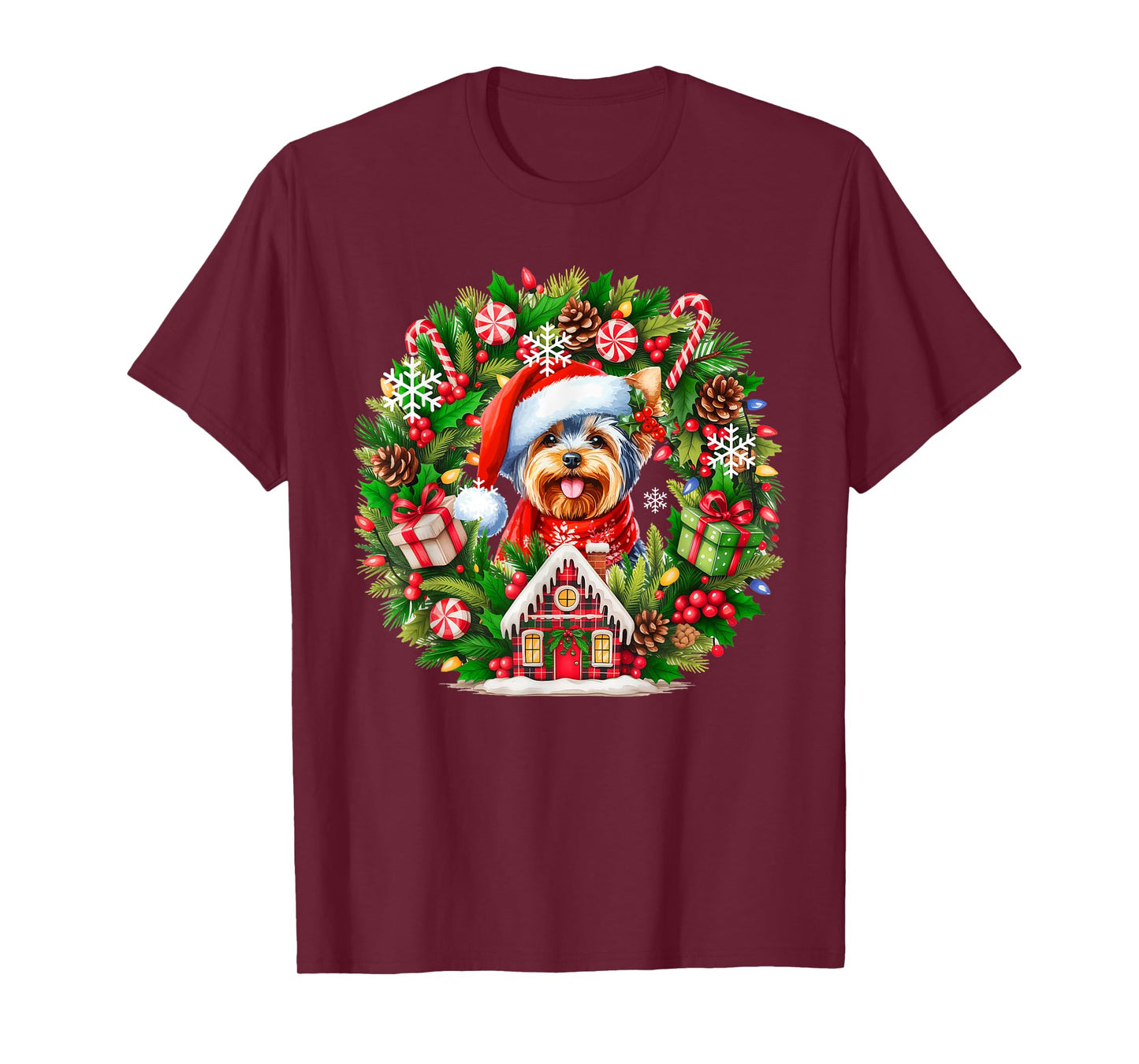 Santa Yorkshire Terrier Christmas Floral Circle Owner Kids T-Shirt