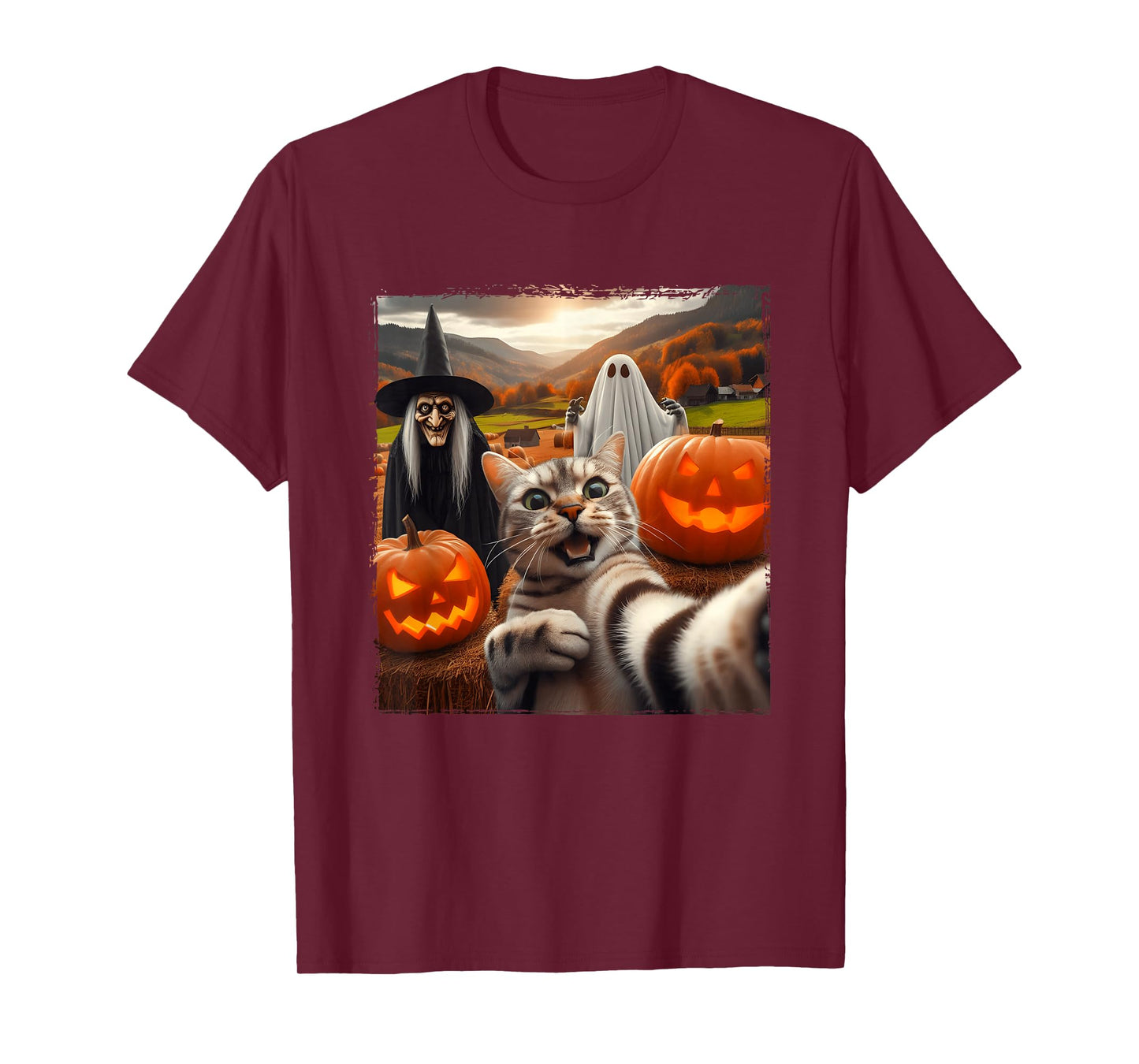 Halloween Cat Selfie with Ghost and Witch Pumpkin Costume T-Shirt