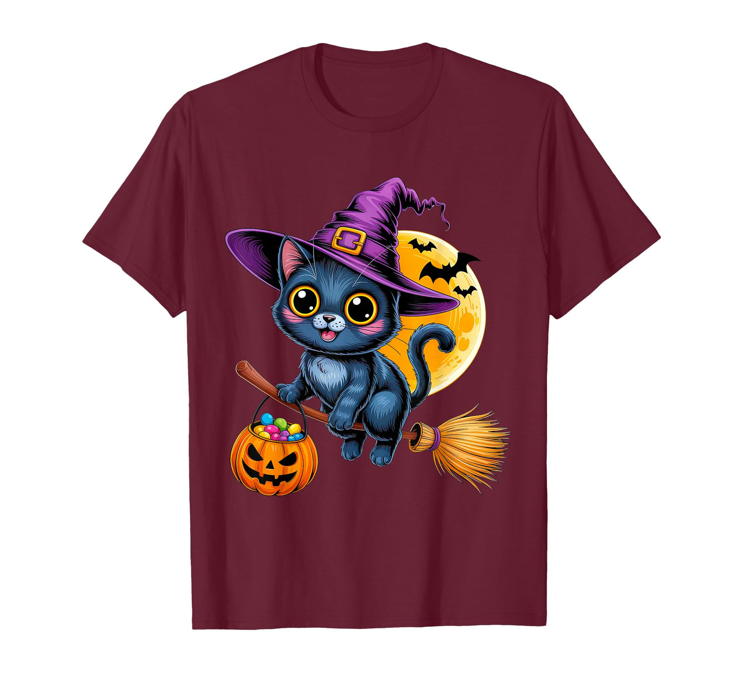 Cat Witch Hat Halloween Moon Pumpkin T-Shirt