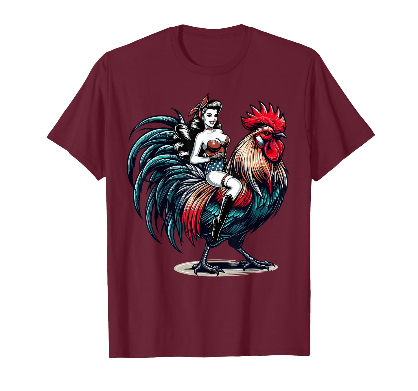Pin-Up Girl Riding Rooster Vintage Patriotic T-Shirt