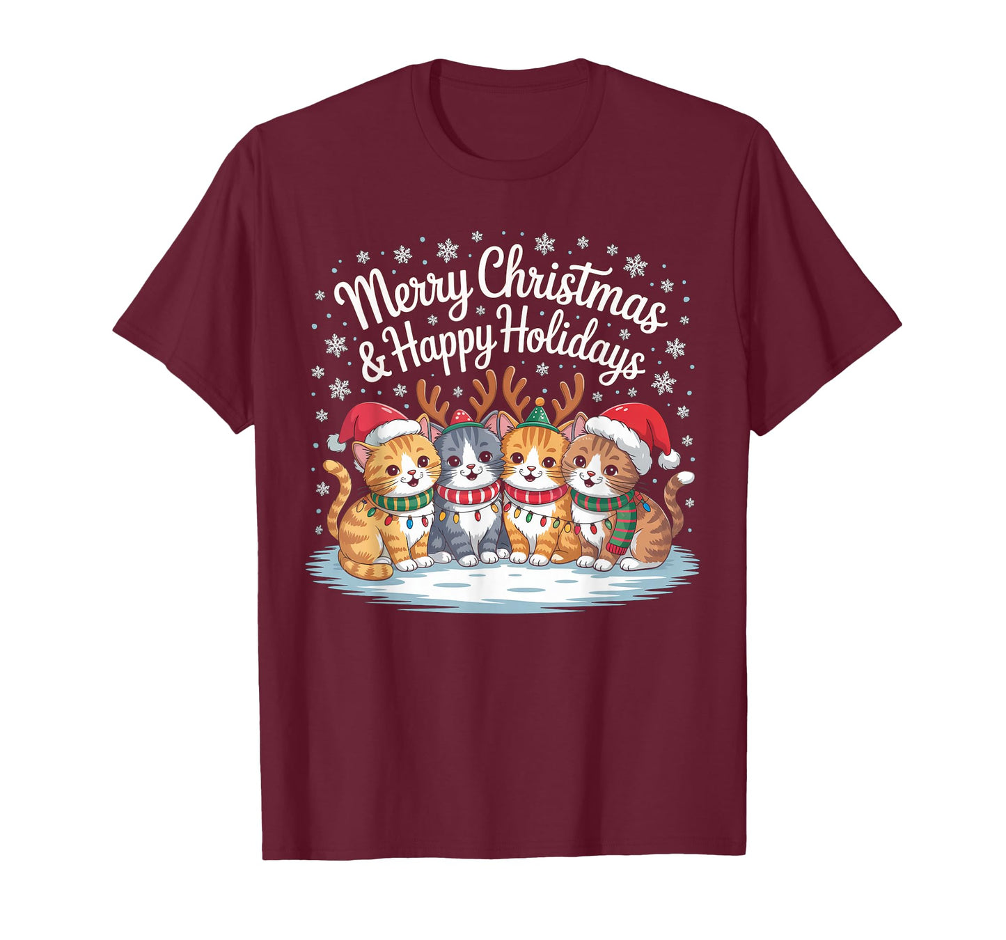 Funny Cat Christmas with Santa Hat and Reindeer Lights Cat T-Shirt