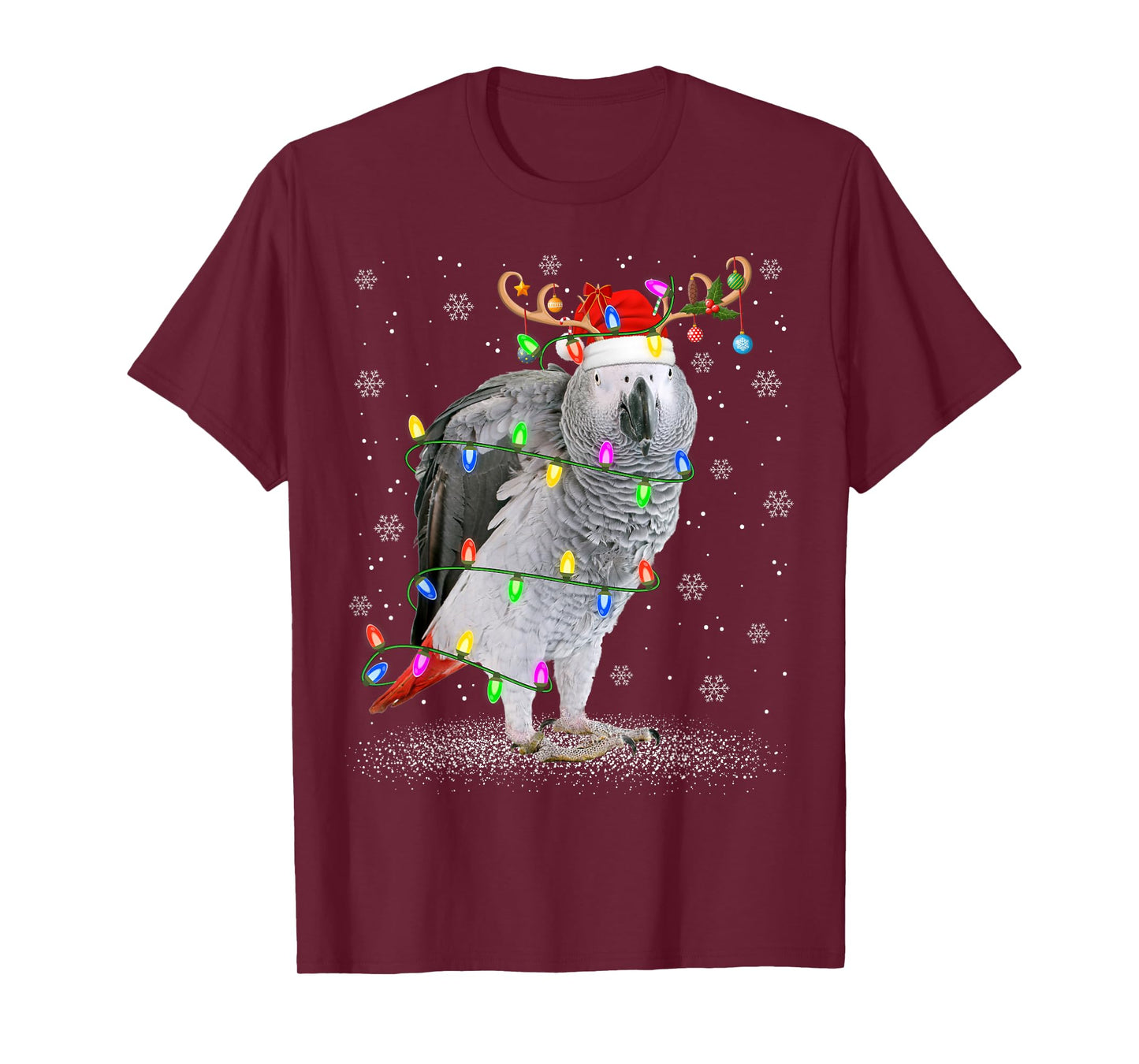 Grey Parrot Bird Christmas Lights Reindeer Santa Hat Xmas T-Shirt