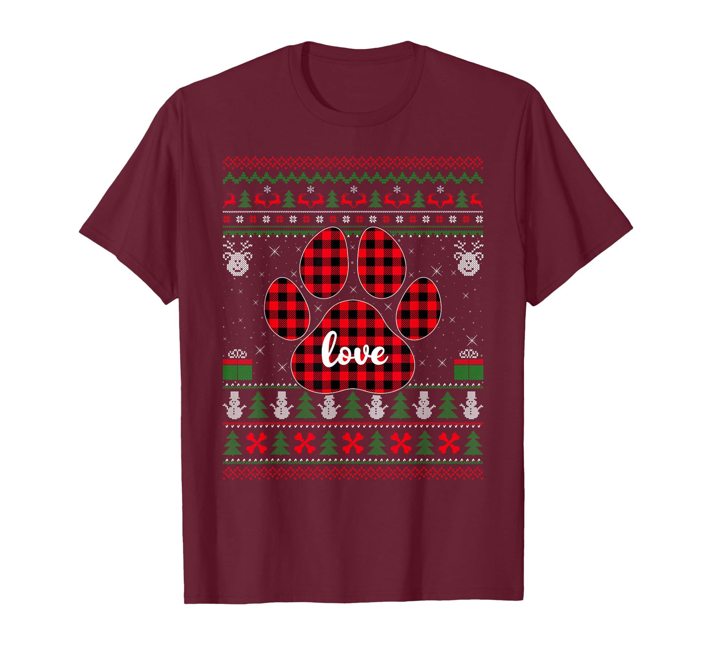 Dog Paw Ugly Christmas Sweaters Buffalo Plaid Love Dog Xmas T-Shirt