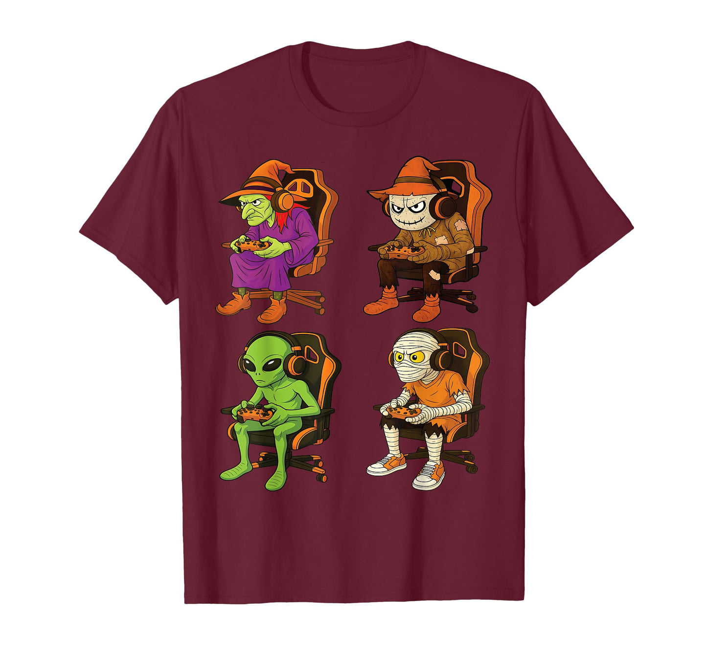 Halloween Gamer Squad Witch, Scarecrow, Alien & Mummy T-Shirt