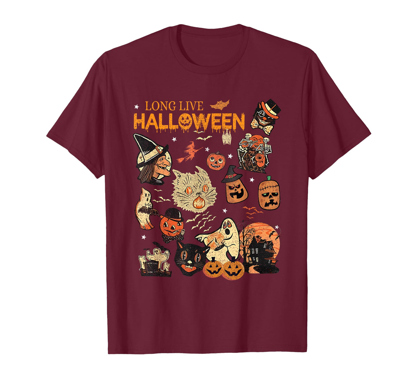 Long Live Halloween Vintage Pumpkin Witch Ghost Black Cat T-Shirt