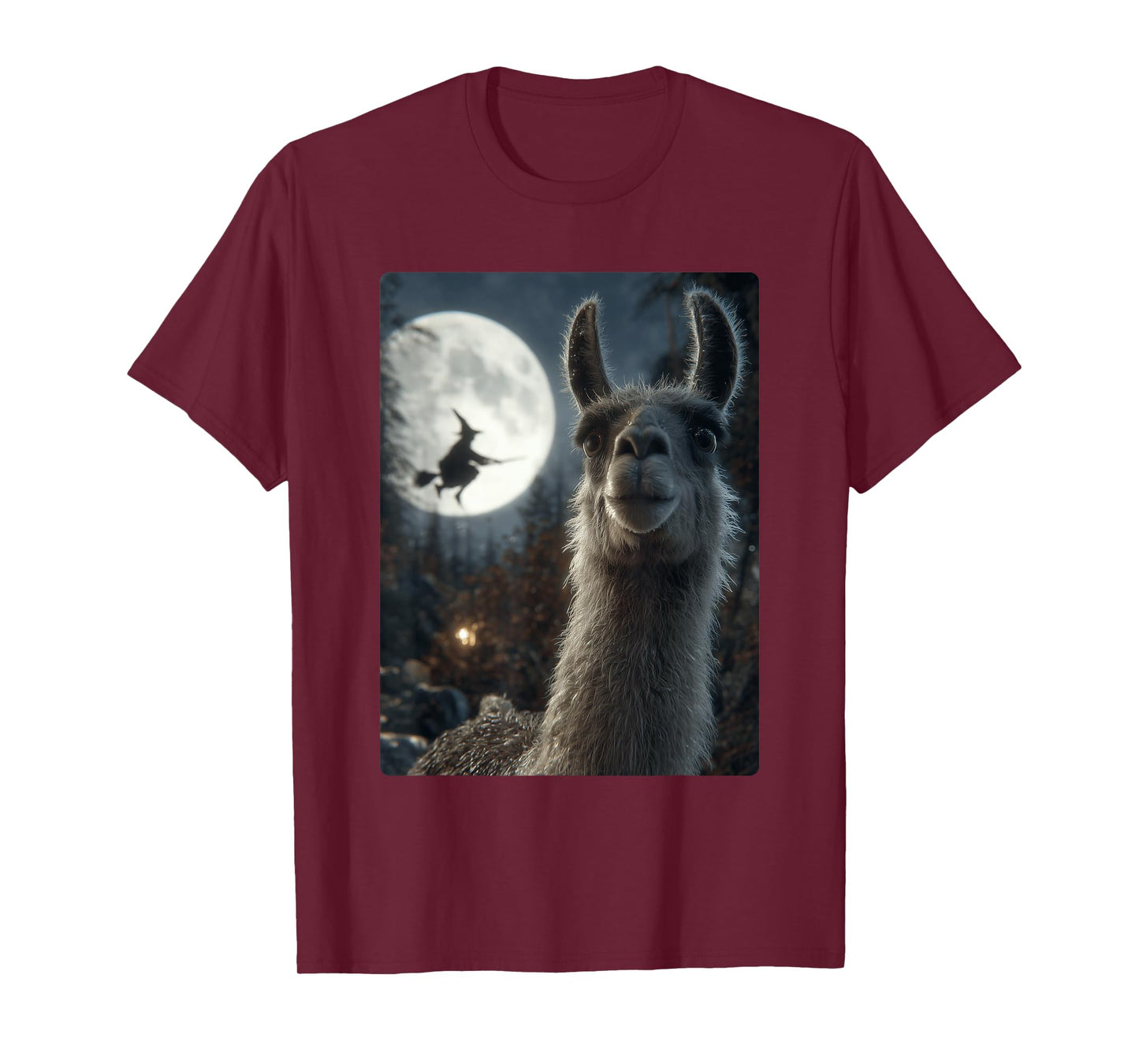 Funny Llama Selfie Full Moon Flying Witch Forest Halloween T-Shirt
