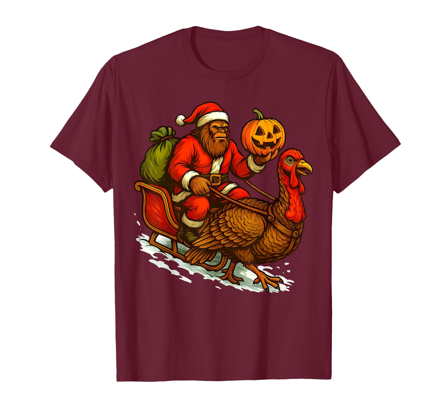 Funny Santa Bigfoot Drives a Turkey Pumpkin Halloween Xmas T-Shirt