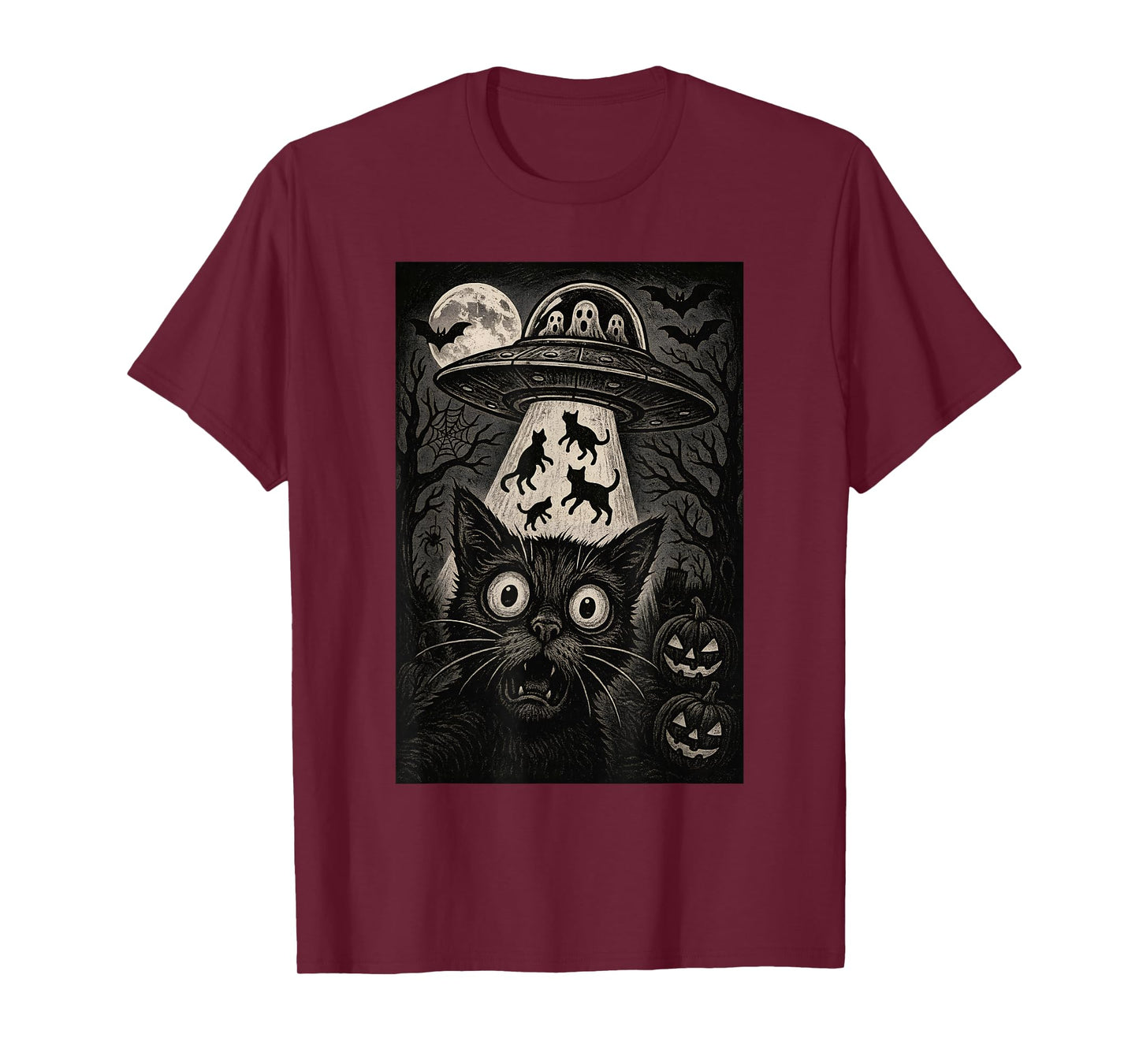 Halloween Cat Selfie Scary Alien Abduction Cats UFO Flying T-Shirt