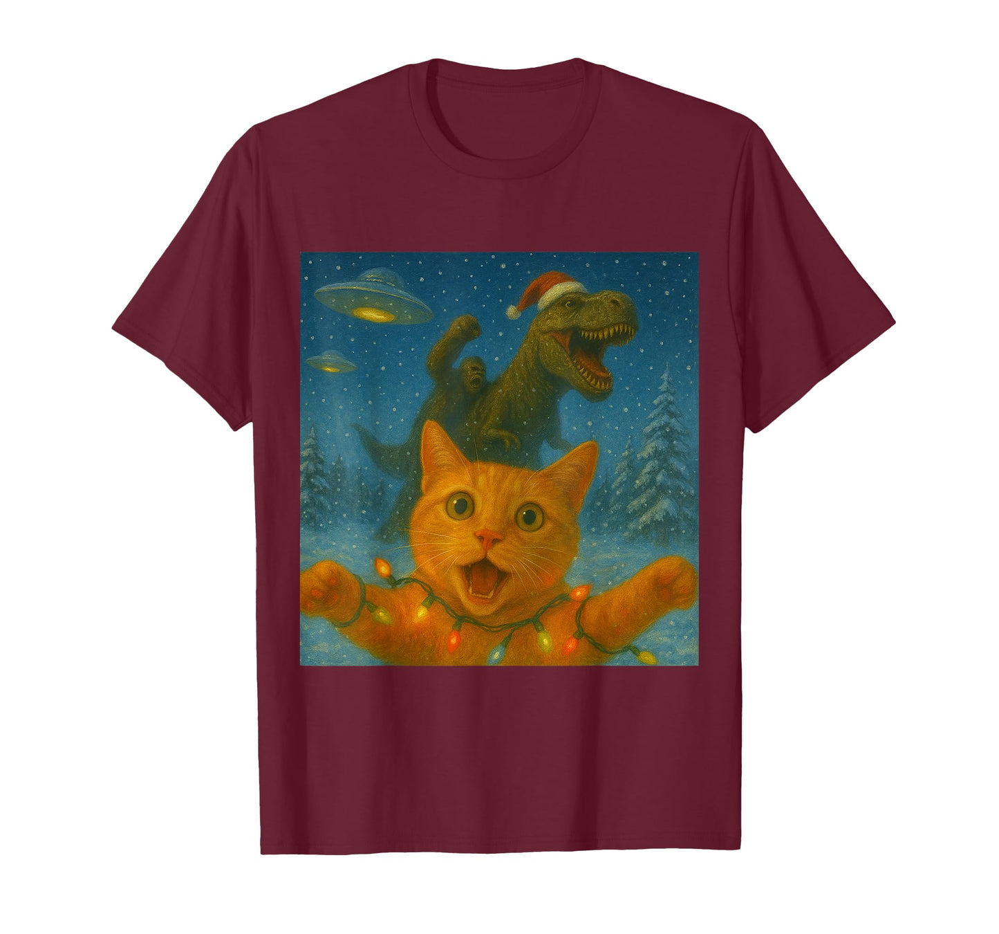 Funny Surprised Scared Cat Selfie T-Rex Dinosaur Bigfoot UFO T-Shirt