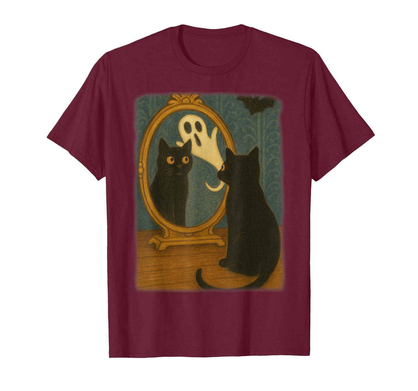 Vintage Halloween Black Cat Ghost in Mirror Cat Lovers Kids T-Shirt