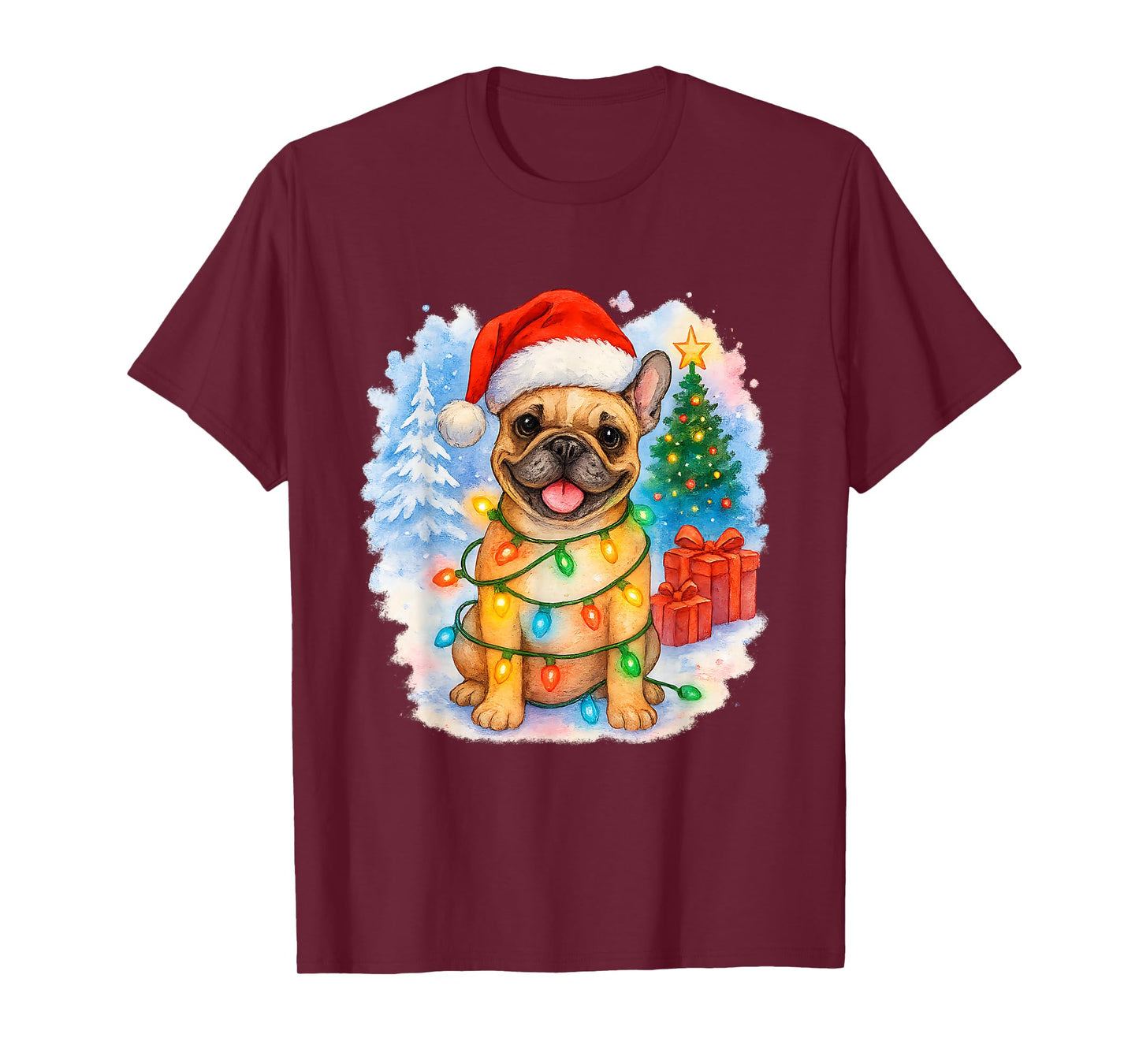 Festive French Bulldog Santa Hat Christmas Tree Lights T-Shirt