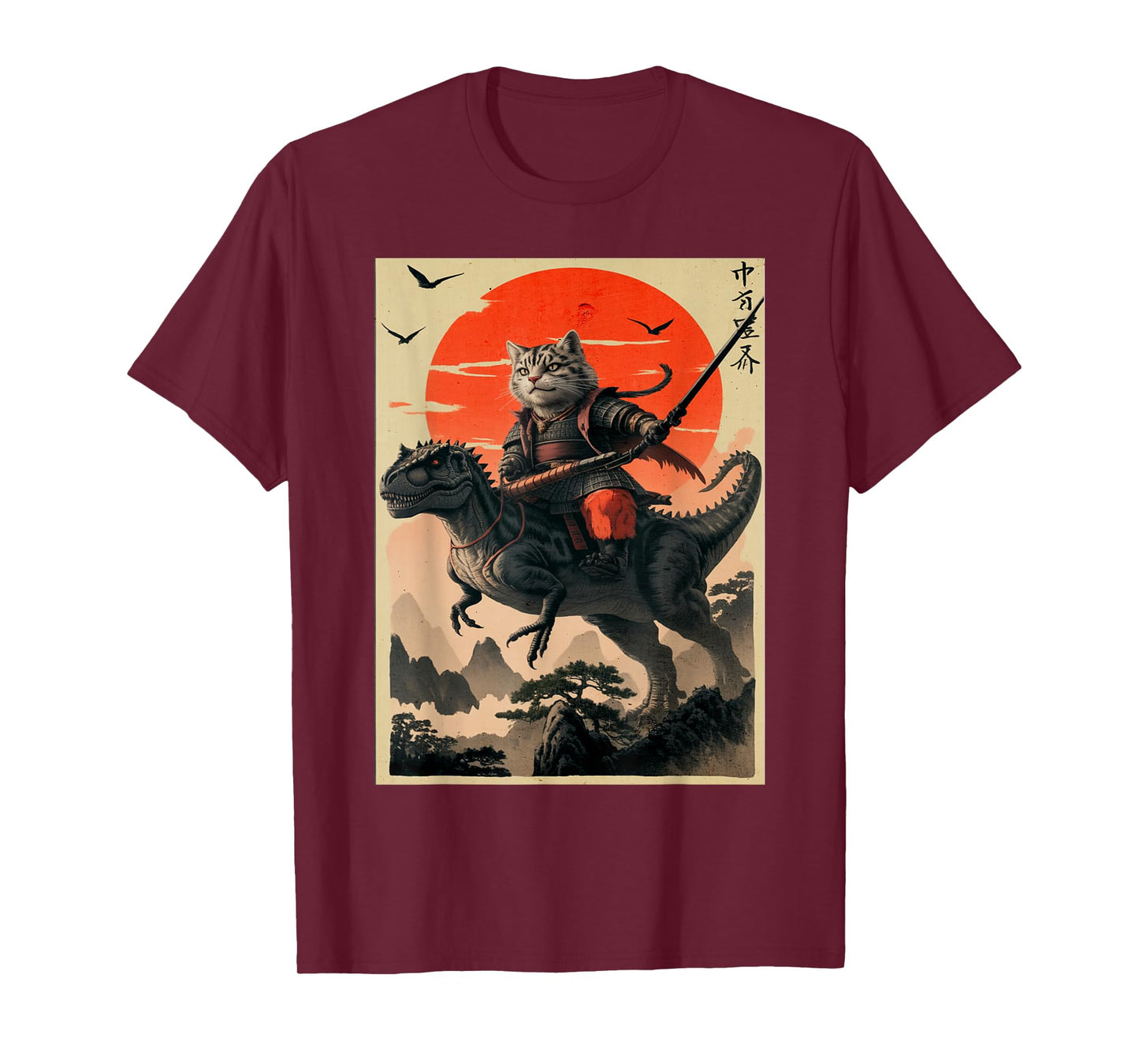 Vintage Samurai Cat Riding Dinosaur Japanese Cat Samurai T-Shirt