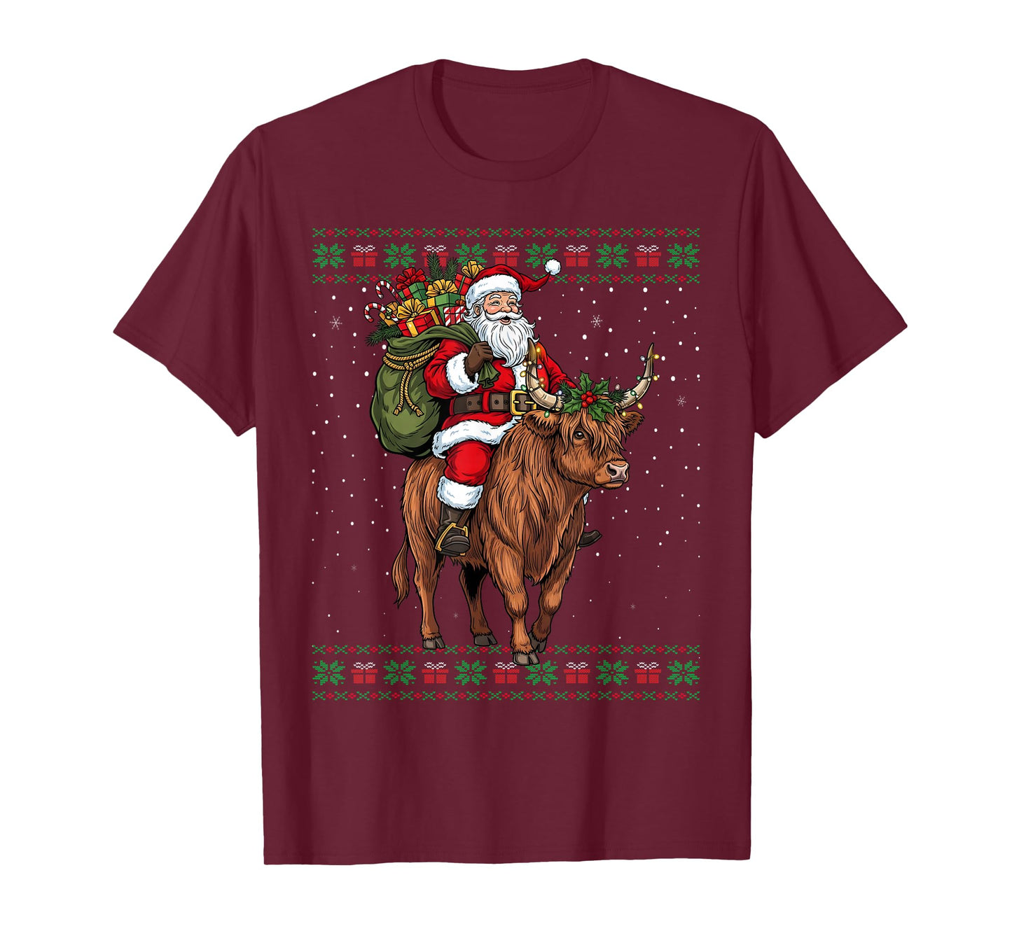 Santa Riding Highland Cow Ugly Christmas Sweater T-Shirt