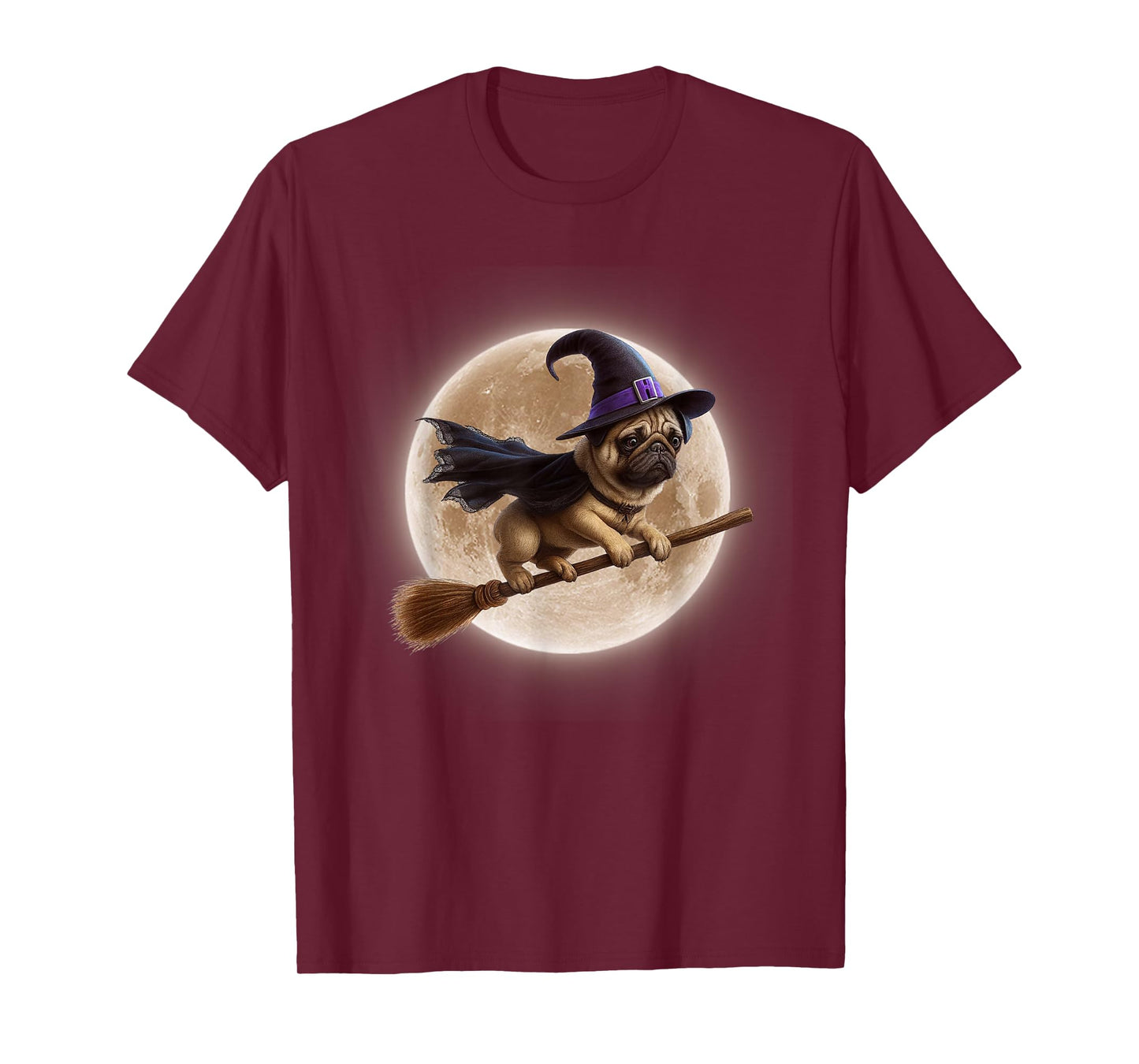 Funny Dog Pug Witch Broom Ride Full Moon Halloween T-Shirt
