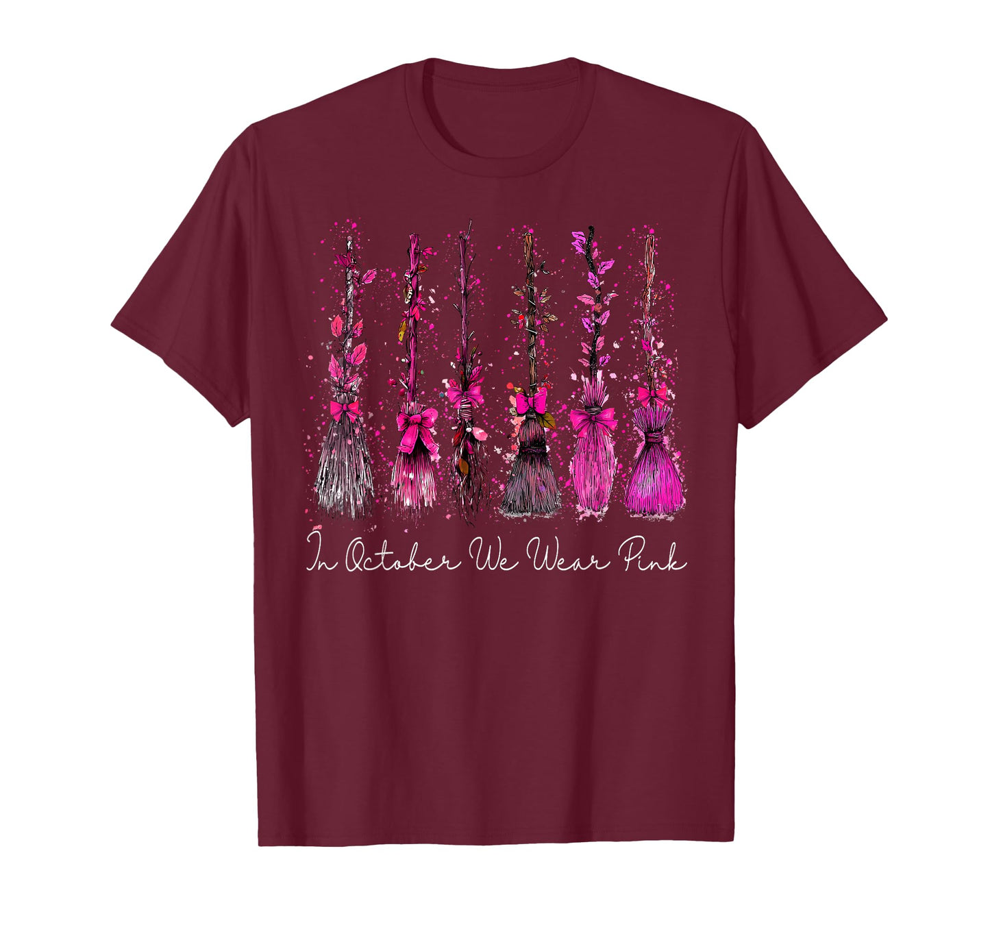 in October We Wear Pink Broom Witch Breast Cancer Halloween T-Shirt
