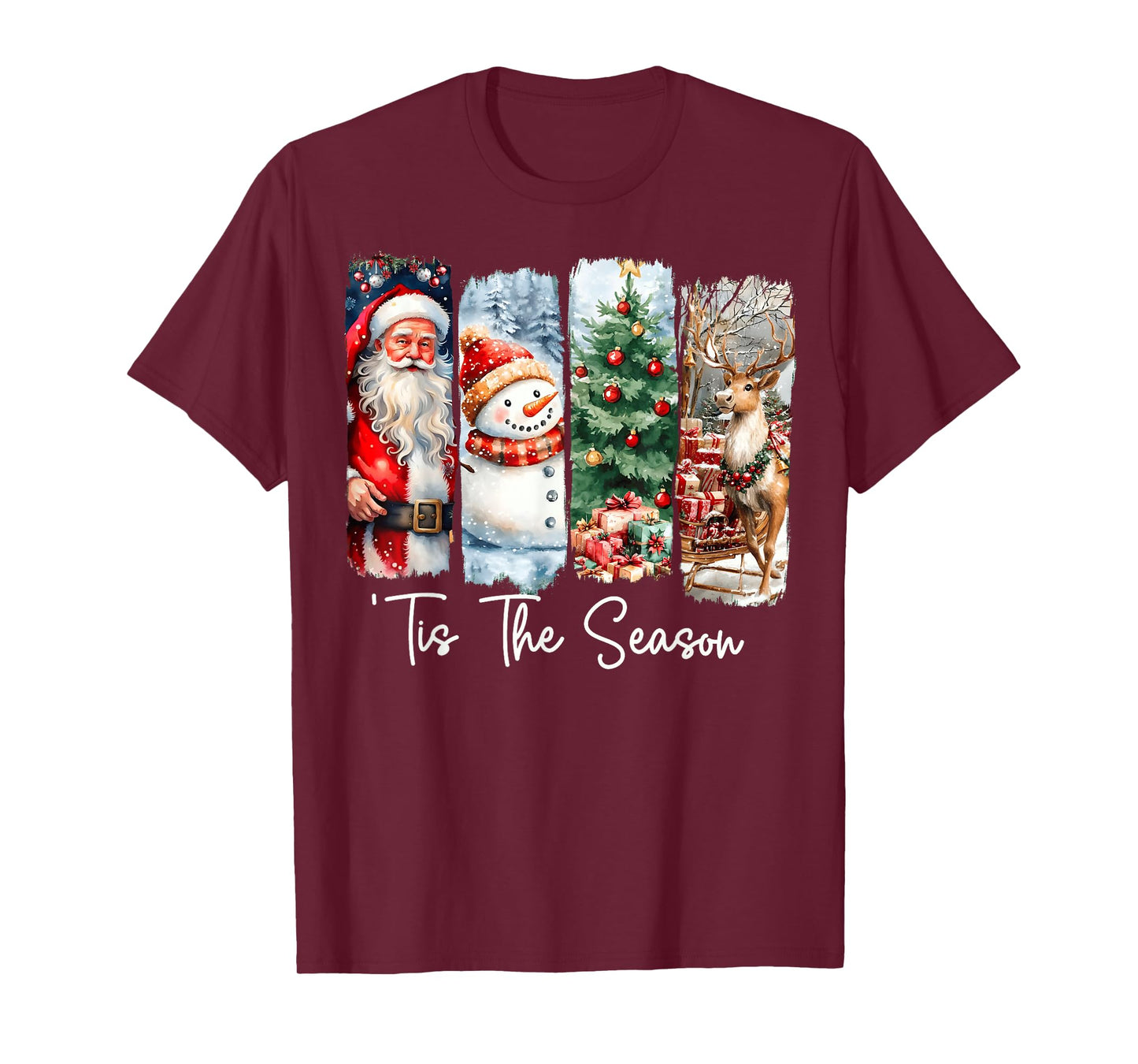 Merry Christmas Tis The Season Santa Snowman Tree Reindeer T-Shirt