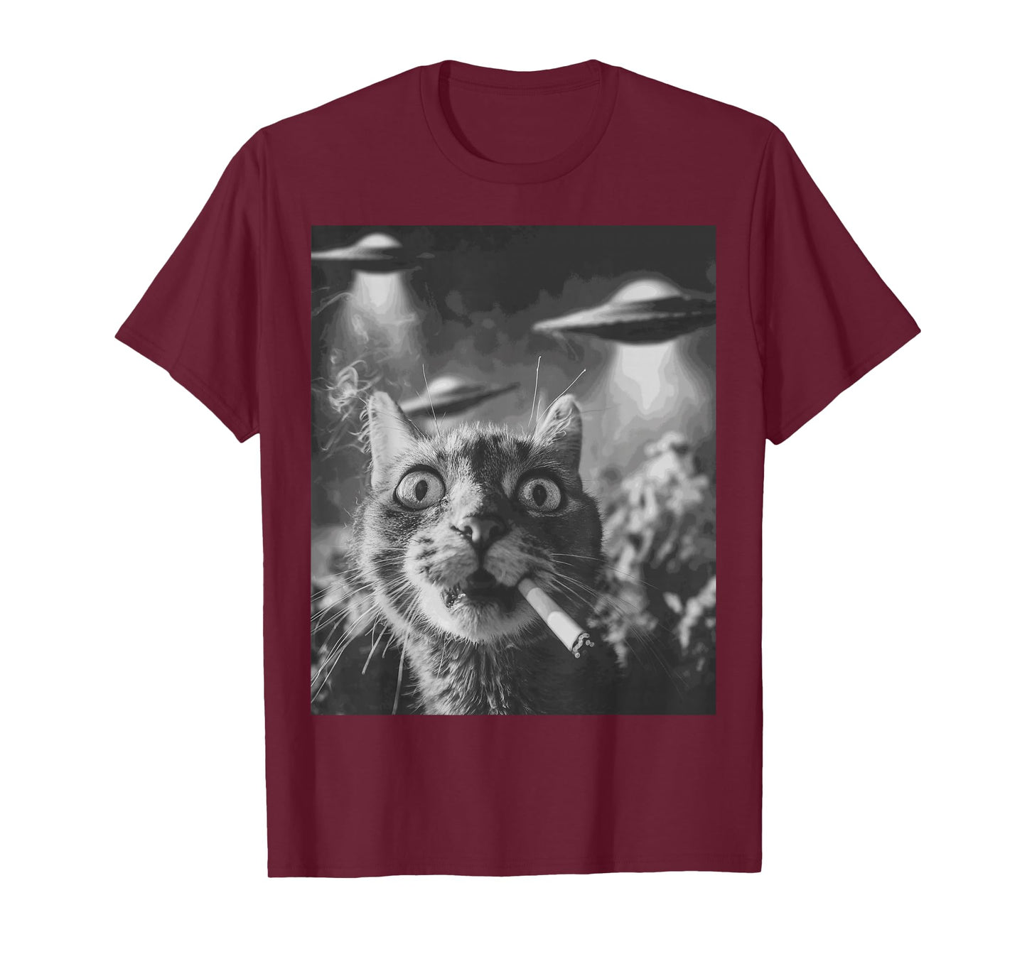 Funny Graphic Cat Smoking UFOs Funny T-Shirt