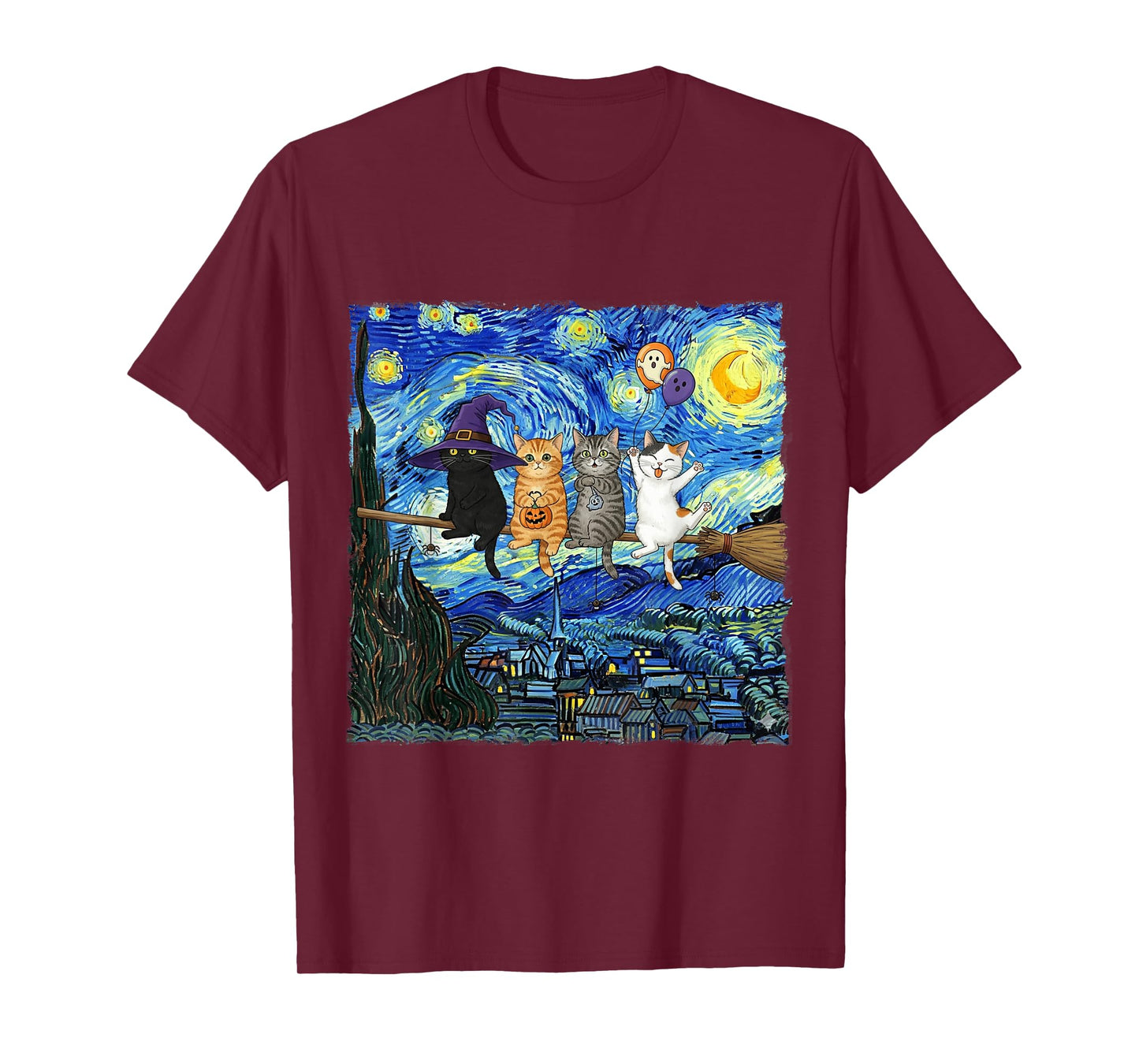 Halloween Cat Starry Night Witch Funny Cats Hanging on Broom T-Shirt