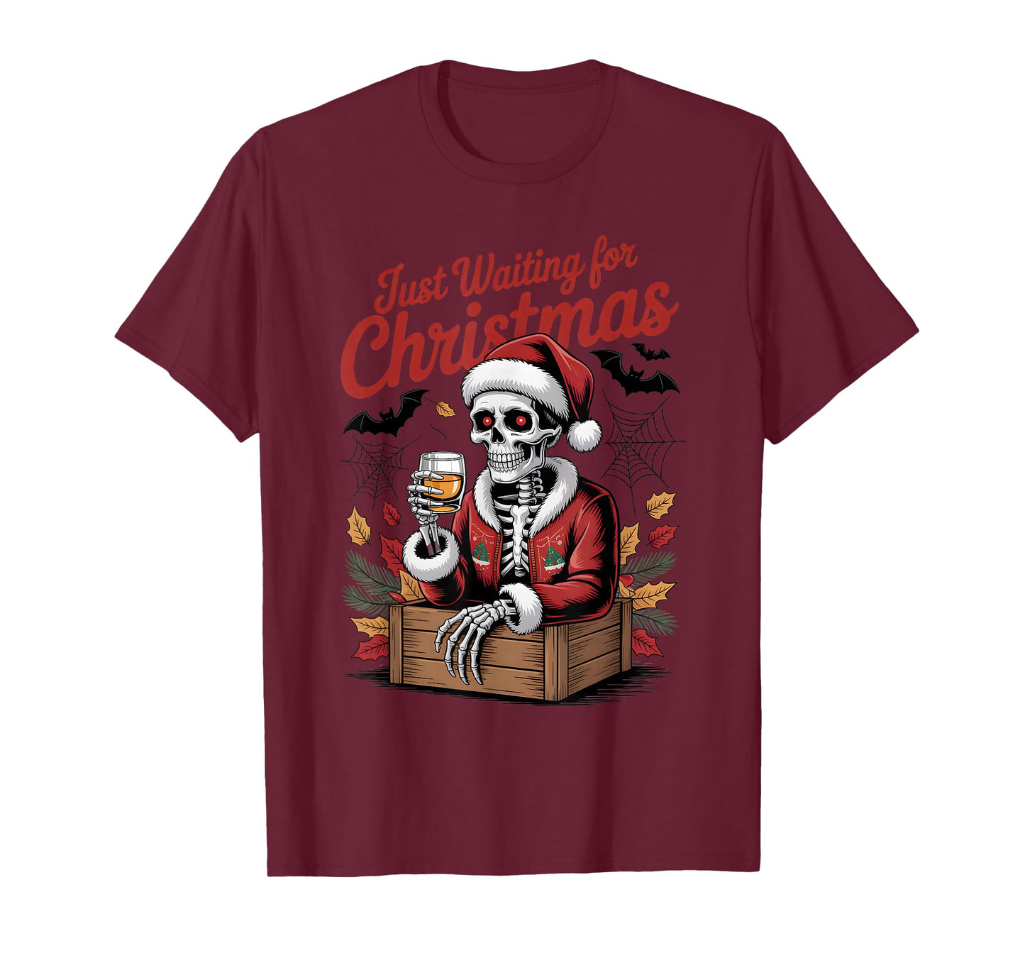 Just Waiting for Christmas Skeleton Santa T-Shirt