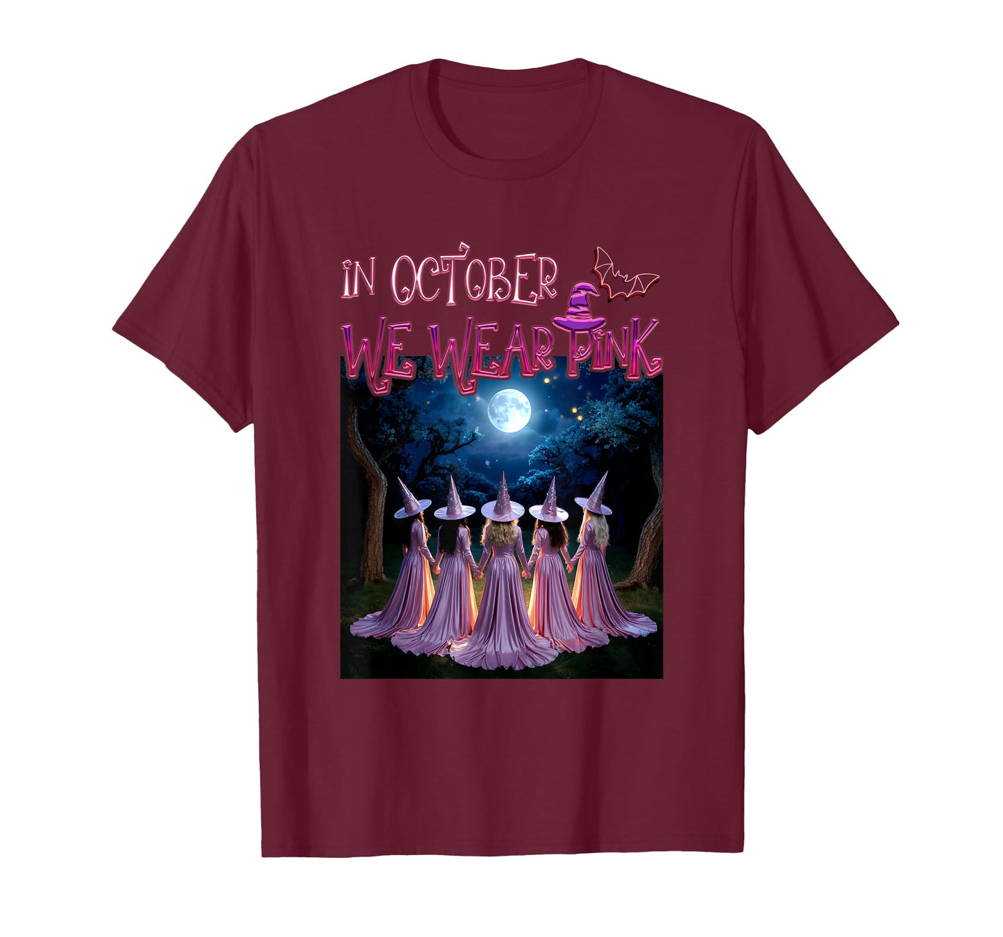 in October We Wear Pink Witches Breast Cancer Awareness Moon T-Shirt