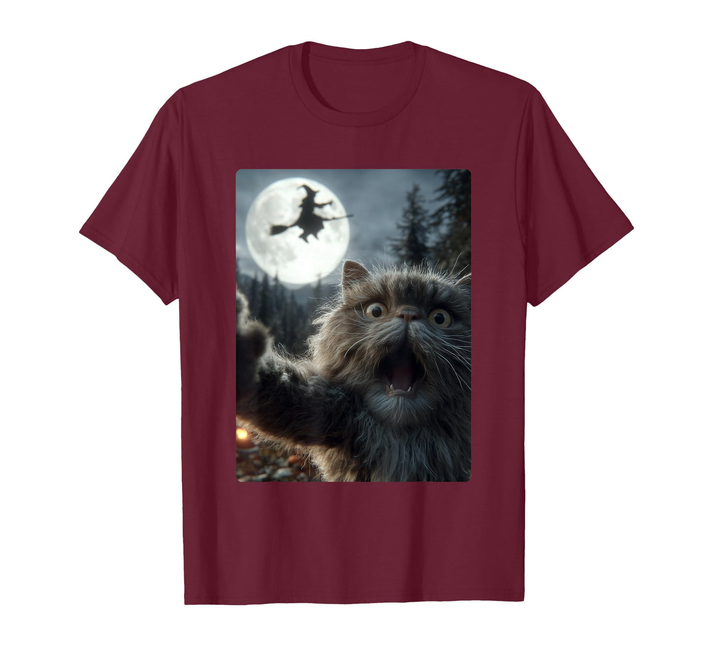 Funny Persian Cat Selfie Full Moon Flying Witch Halloween T-Shirt