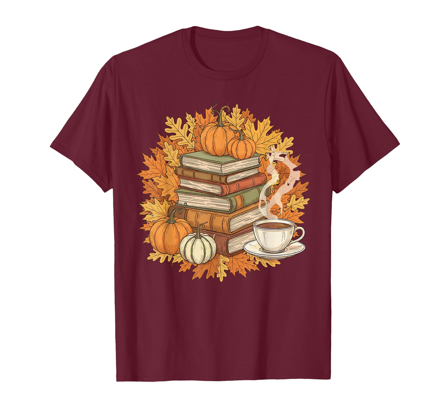 Books Coffee Fall Leaves and Pumpkins Vintage Library T-Shirt