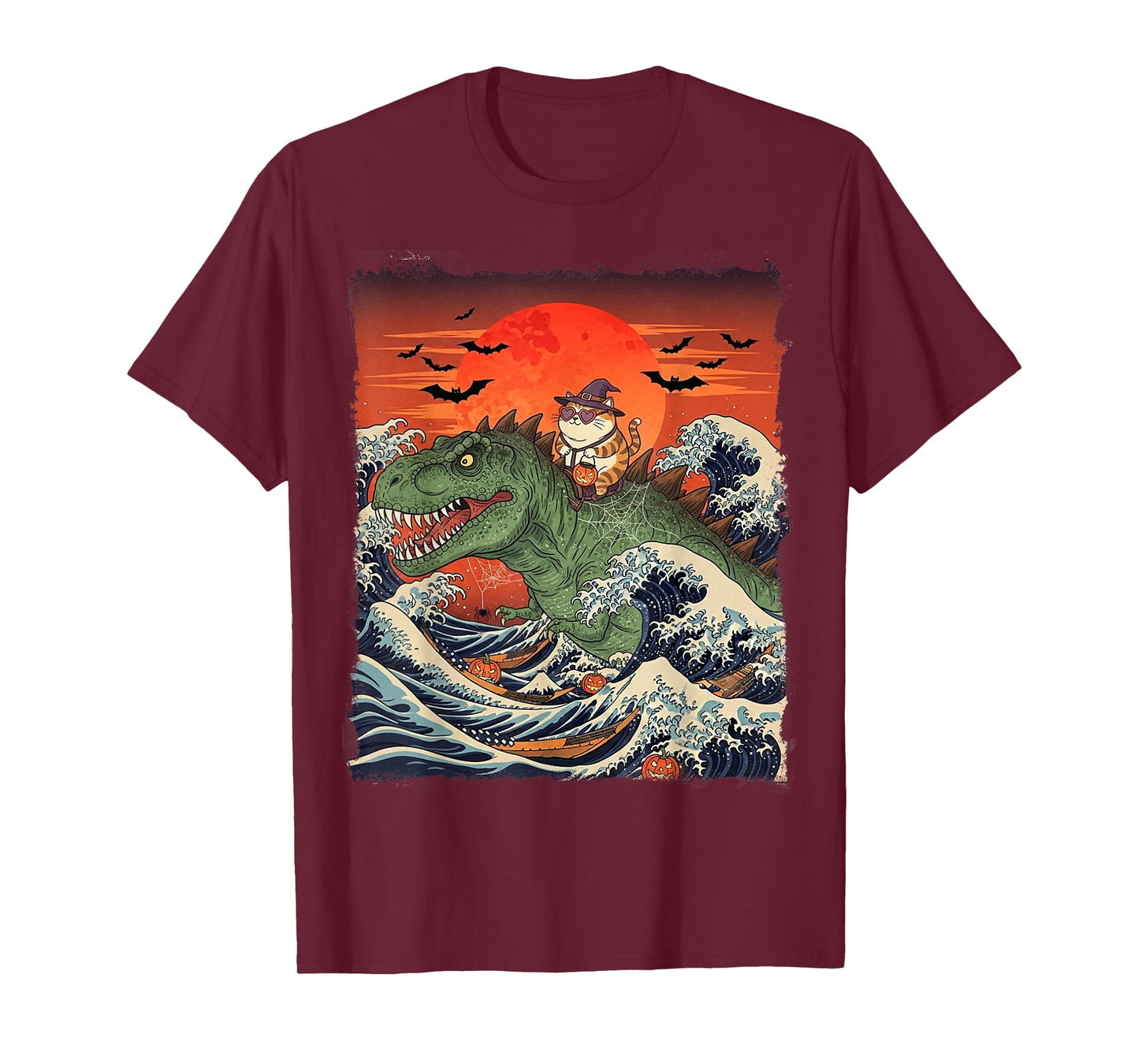 Funny Halloween Cat Witch Riding Dinosaur T-Rex Ukiyo-e Wave T-Shirt