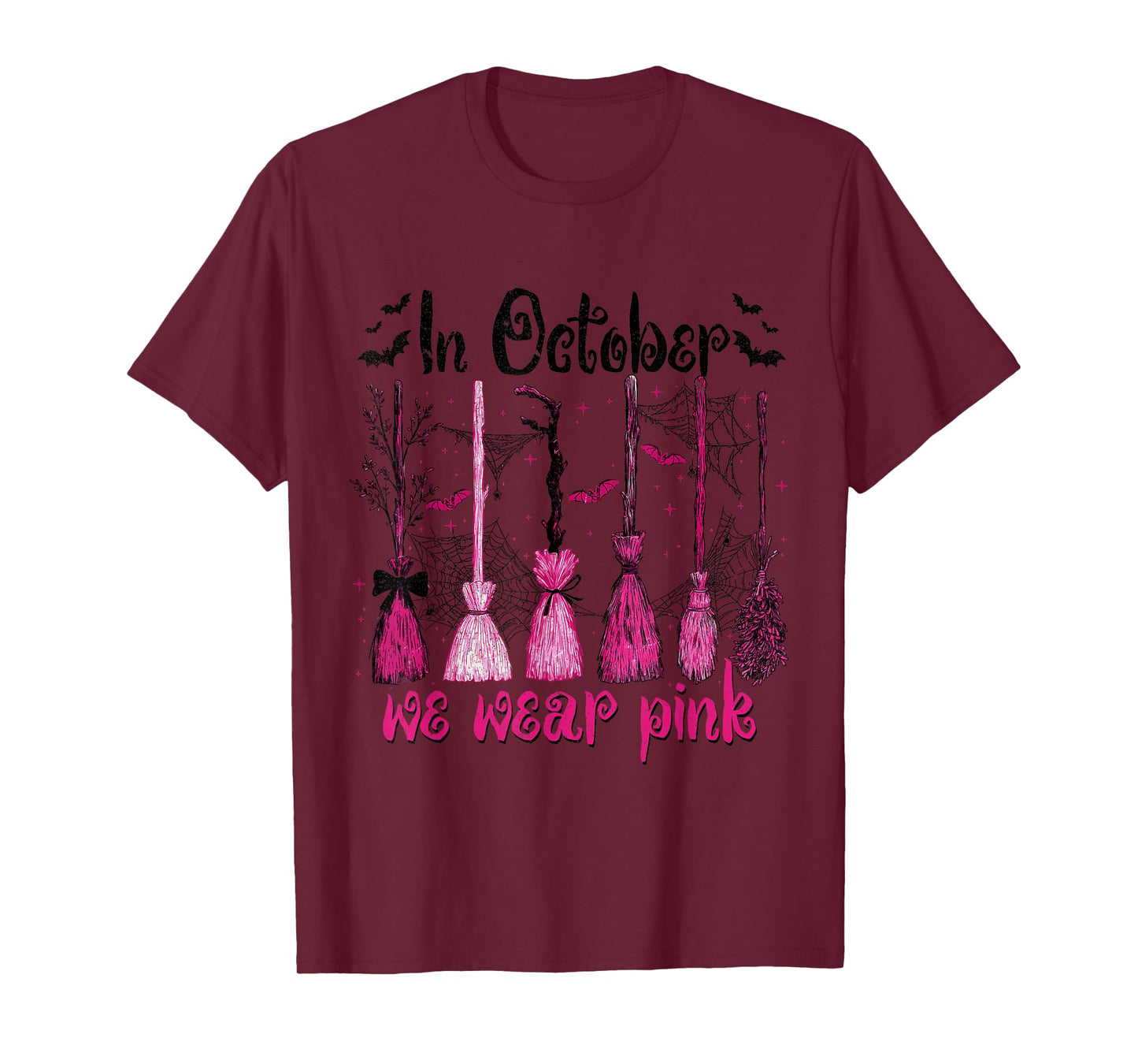 in October We Wear Pink Witches Brooms Spooky Breast Cancer T-Shirt