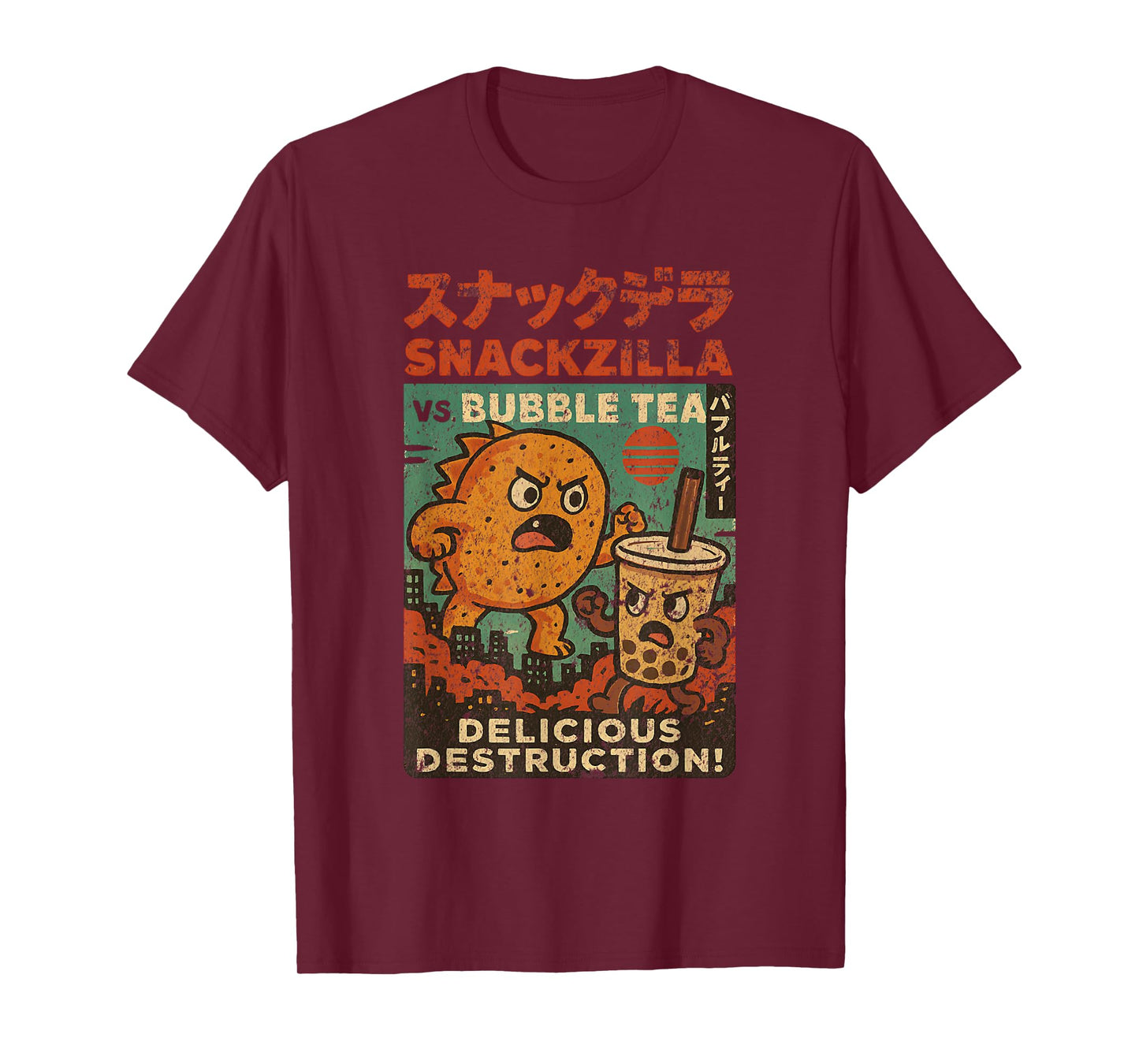 Snackzilla vs. Bubble Tea Retro Tokyo Kaiju Battle T-Shirt