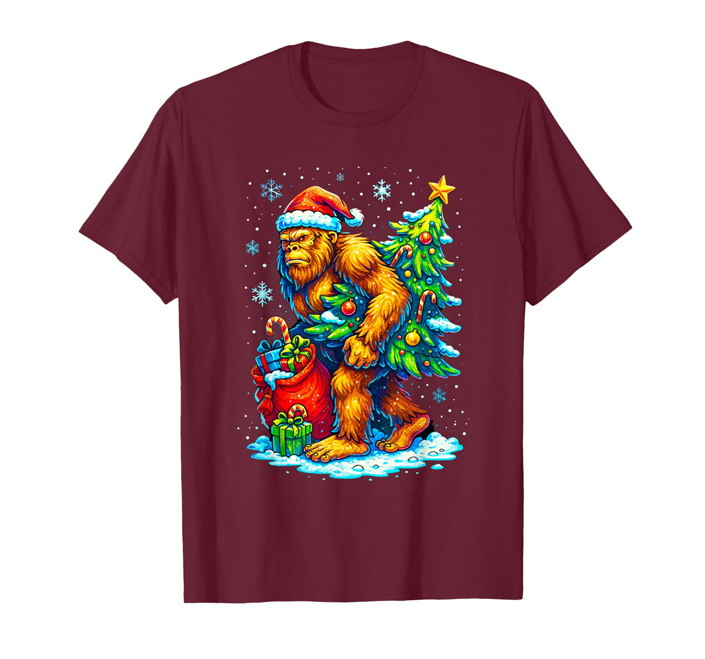 Bigfoot Christmas Tree Santa Hat Funny Sasquatch Xmas Lights T-Shirt