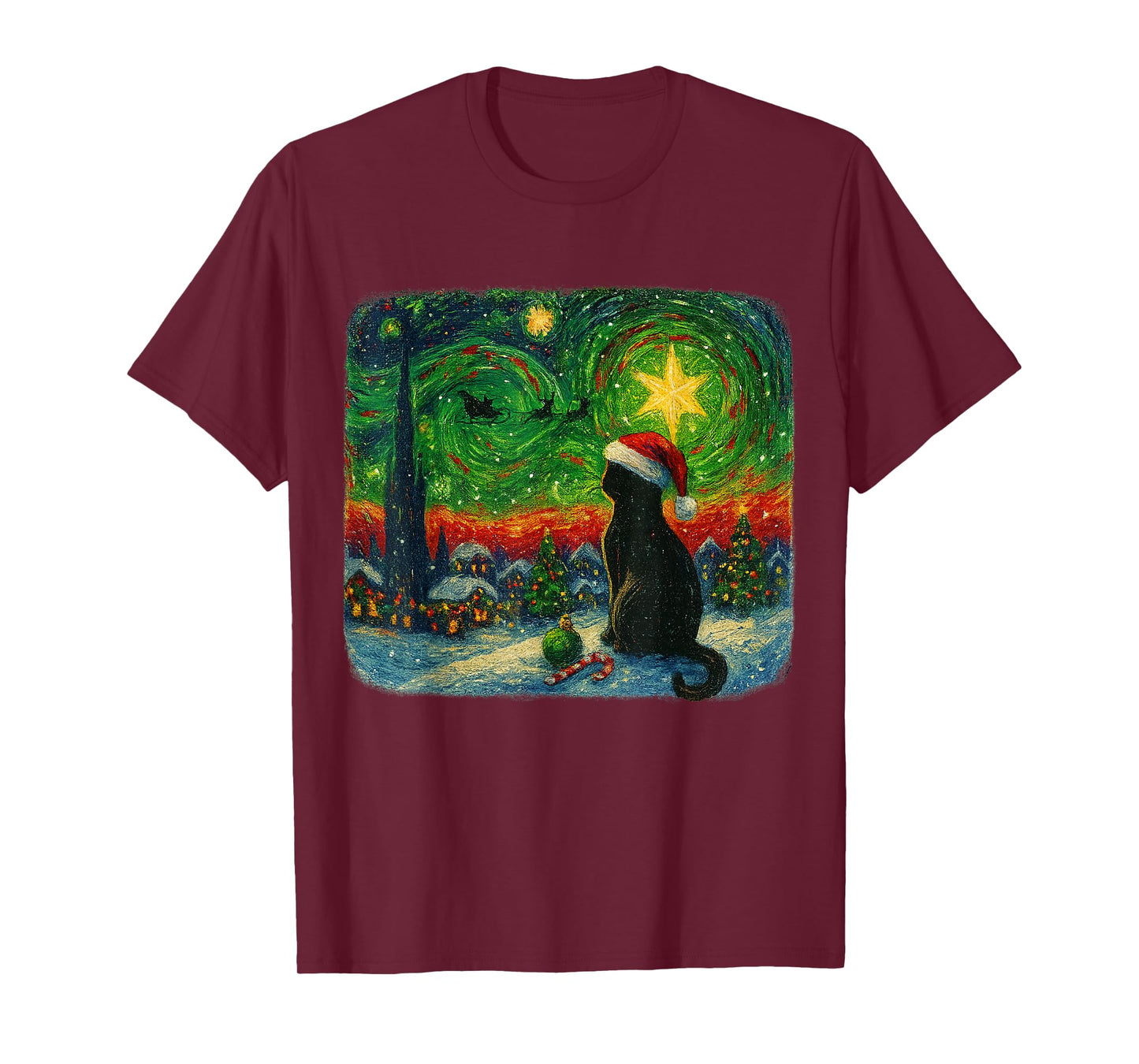 Funny Black Cat Merry Christmas Xmas Van Gogh Pajama Holiday T-Shirt