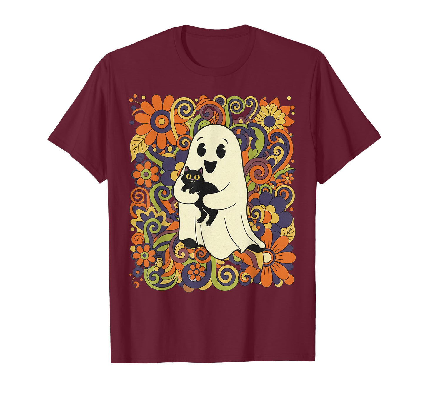 Groovy Floral Ghost Holding Black Cat Vintage Halloween T-Shirt