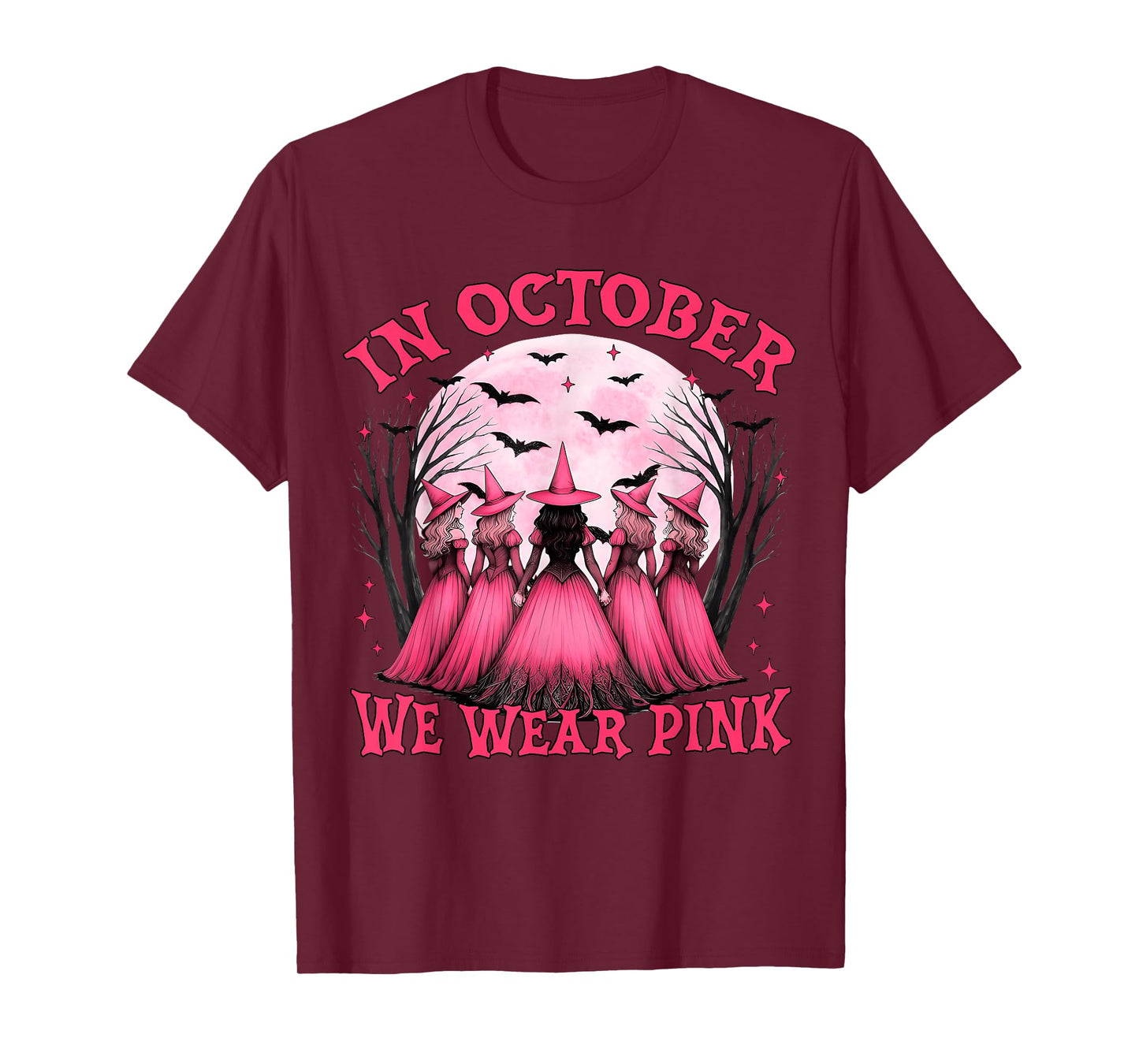 in October We Wear Pink Witch Halloween Breast Cancer Women T-Shirt