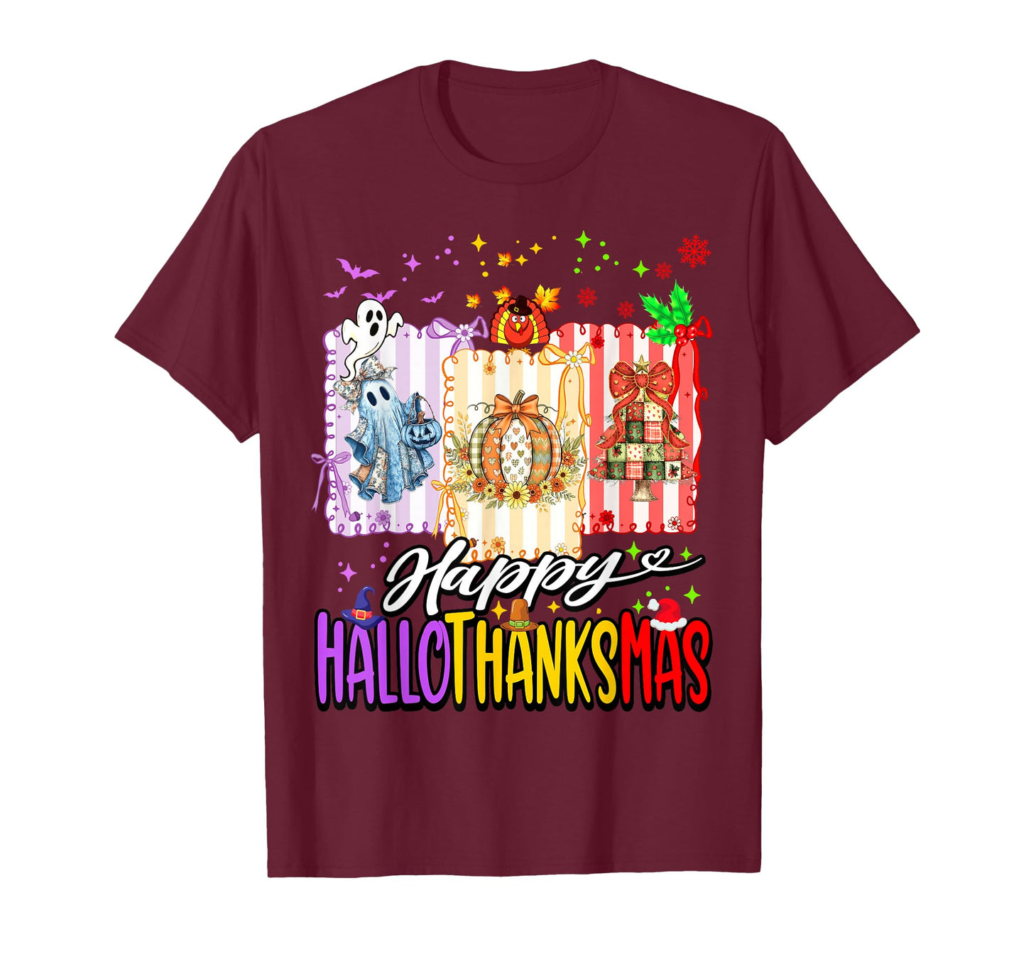 Happy Hallothanksmas Halloween Ghost Pumpkin Xmas Pine Tree T-Shirt