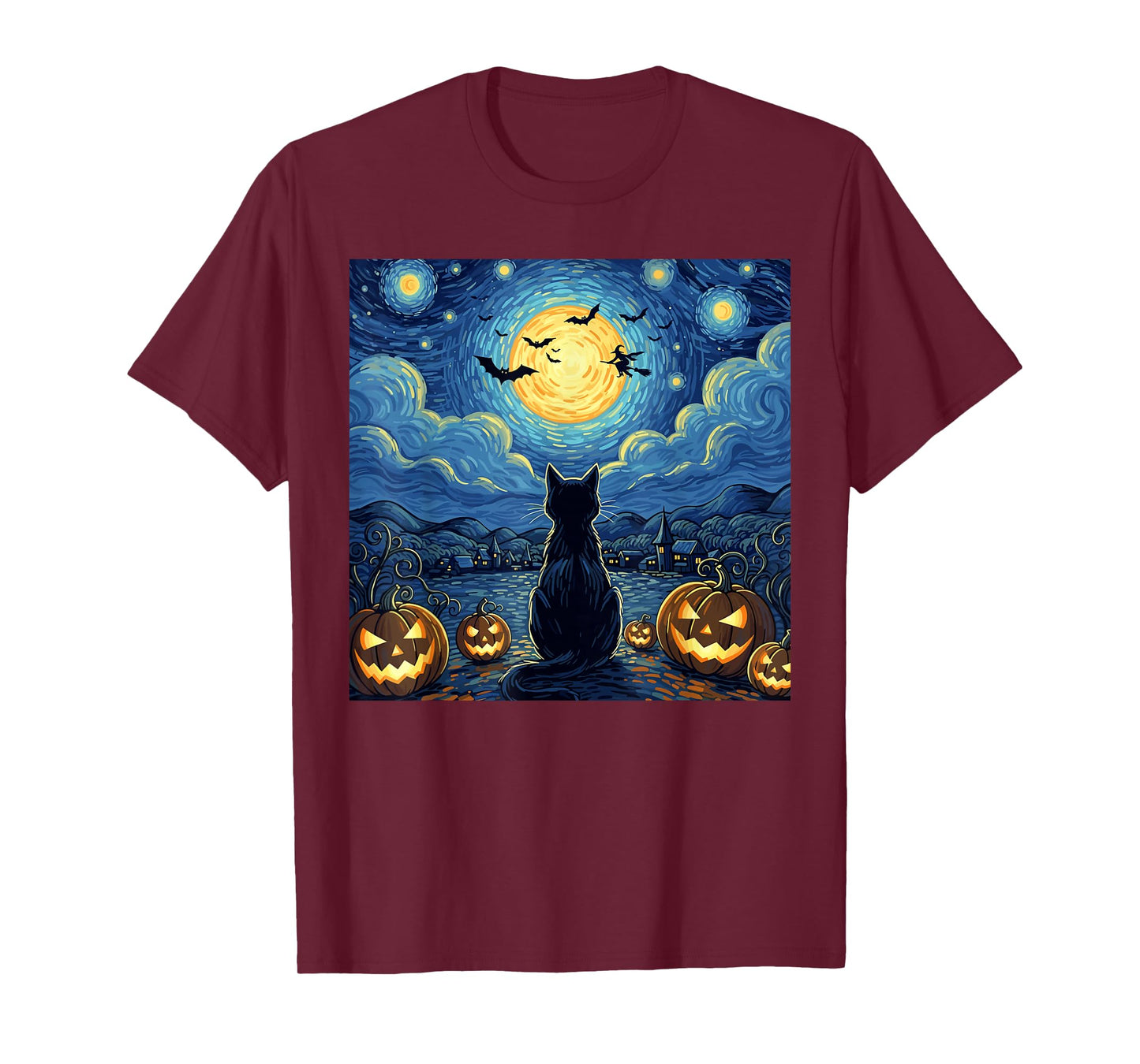 Halloween Black Cat Starry Night Witch Pumpkin Moon T-Shirt