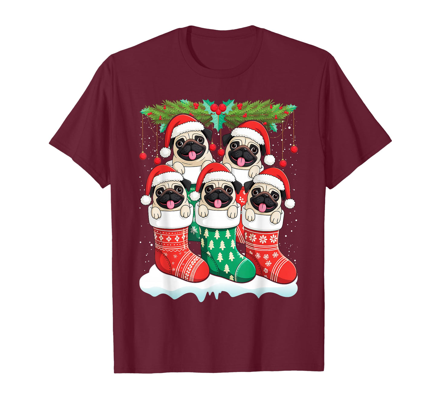 Santa Pugs in Christmas Socks Funny Xmas Dog Lover Pug Mom T-Shirt