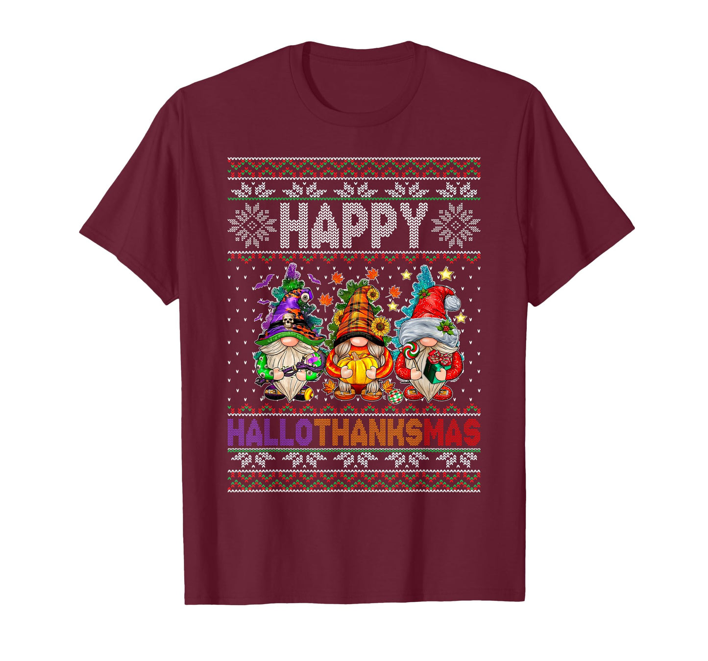 Happy Hallothanksmas Gnomes Halloween Thanksgiving Christmas T-Shirt