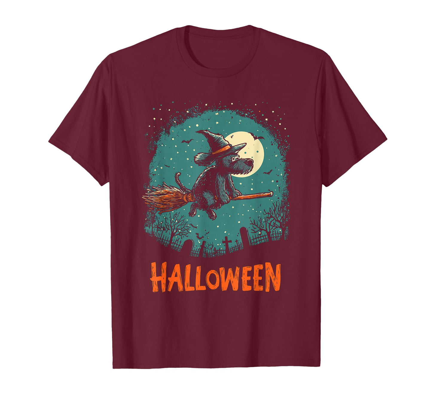 Scruffy Witch Dog & Moon Halloween Scene T-Shirt