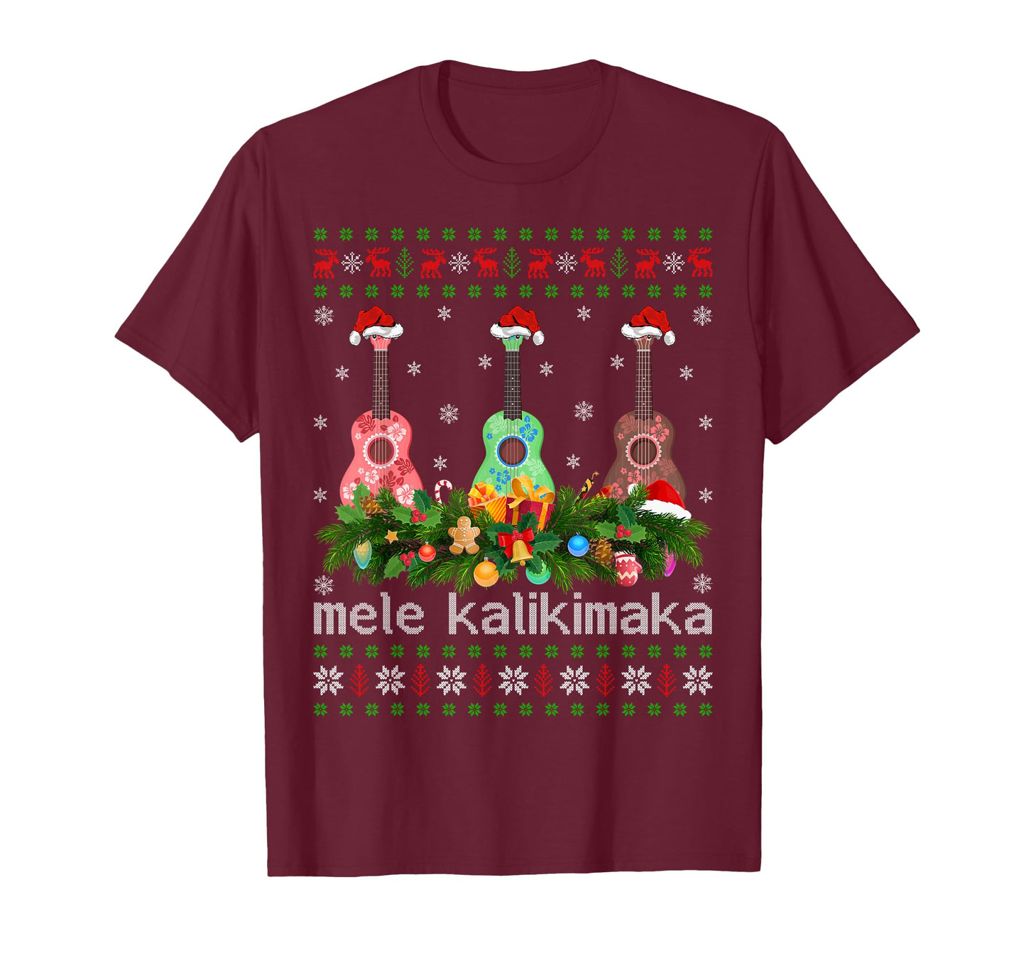Mele Kalikimaka Ukulele Guitar Christmas Pajamas Ugly Xmas T-Shirt